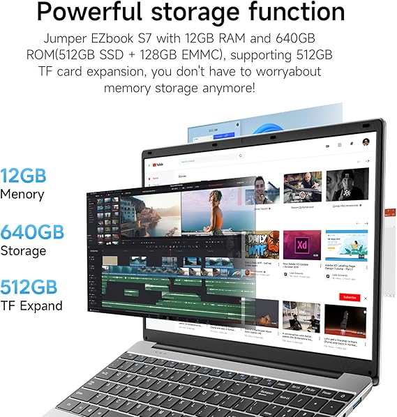 jumper 15.6 FHD Laptop, 10th Gen Intel Dual-Core Processor(1.9GHz), 12GB RAM 640GB Storage, 1 Year Office 365, Numeric Keyboard, HDMI, WiFi5, 38Wh Battery, Windows 11 Laptop for Business and Student