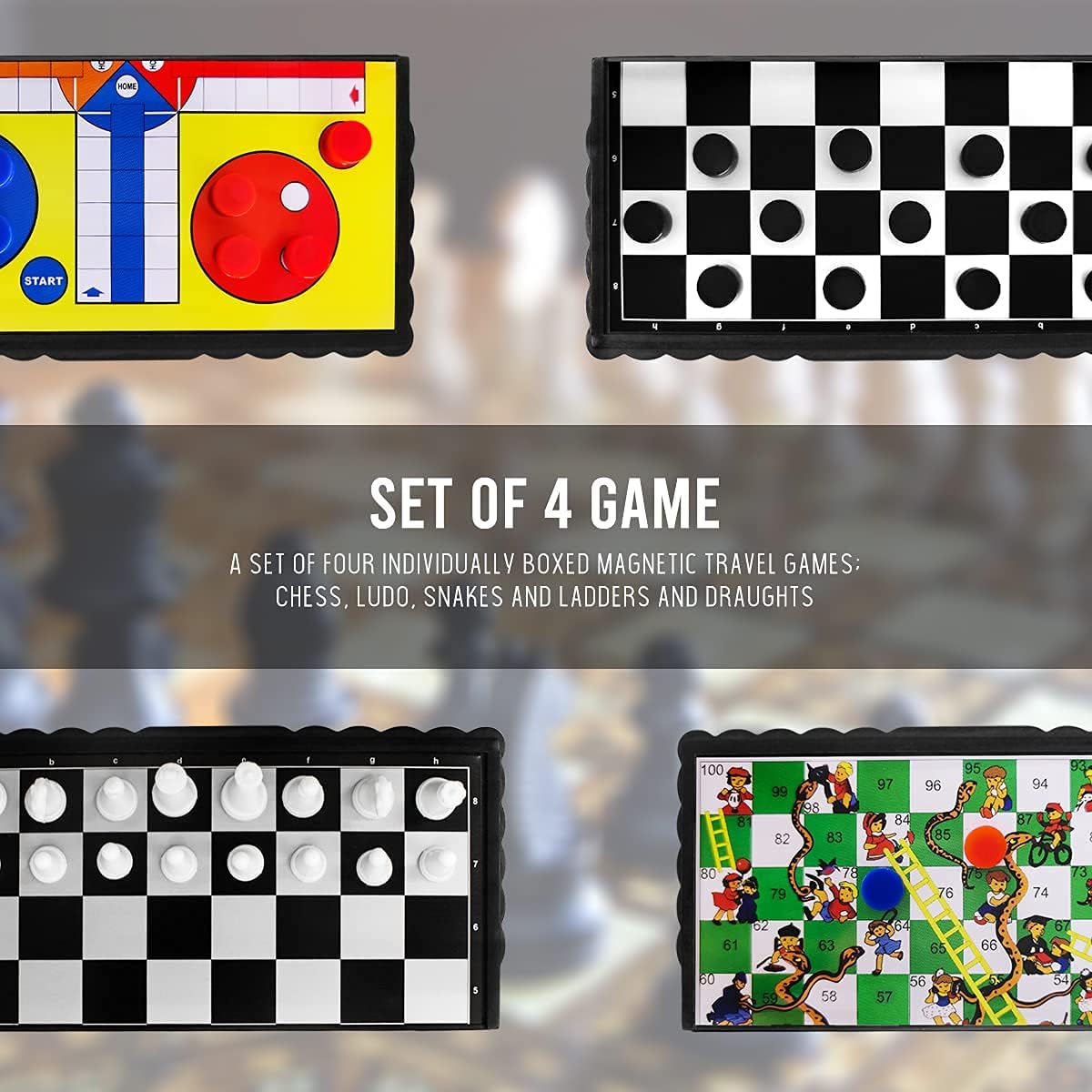 JJPRIME Portable Travel Board Games Set of 4 Chess, Draughts