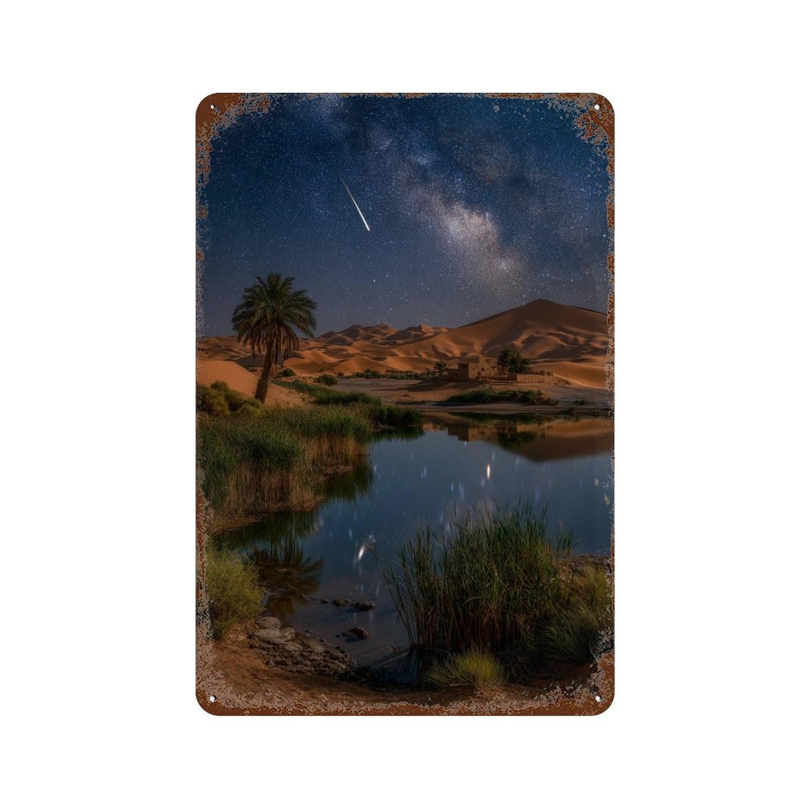Desert Oasis Under Starry Sky Decorative Tin Sign 11.8"x7.9", Retro Wall Decor for Garage, Pub Or Kitchen