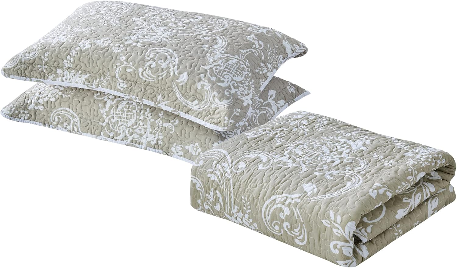 HESTIN 5 Piece Boho King Size 102" x 90" Reversible Bedspread Quilted Coverlet with Floral Design, Oatmeal (Curtains Not Included)