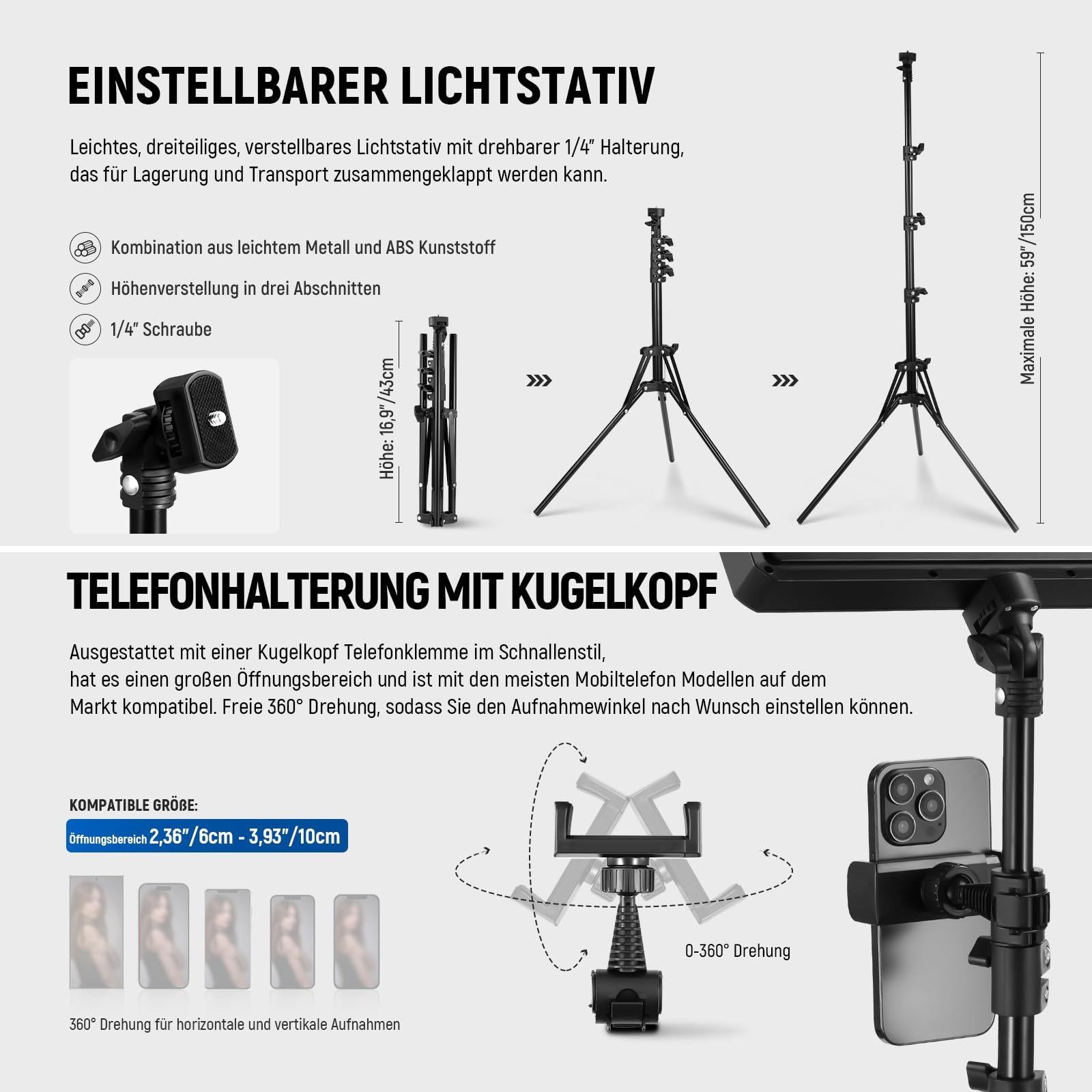 NEEWER Basics 2 Pack LED Video Light Panel mit 59''/150cm Stativständer & Telefonhalter, 2700 6500K 850Lux Bi Color Dimmbare Studiobeleuchtung für Fotografie Filmen Aufnahme Live Streaming, BP300