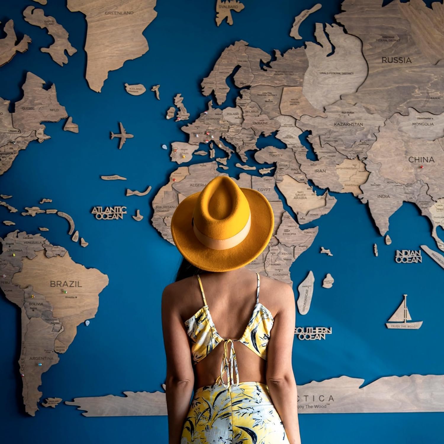 Enjoy The Wood 3D Wood World Map Wall Art Large Wood Wall Décor Housewarming Gift Idea Art World Travel Map For Home  Kitchen or Office (Terra, XL, Unframed)