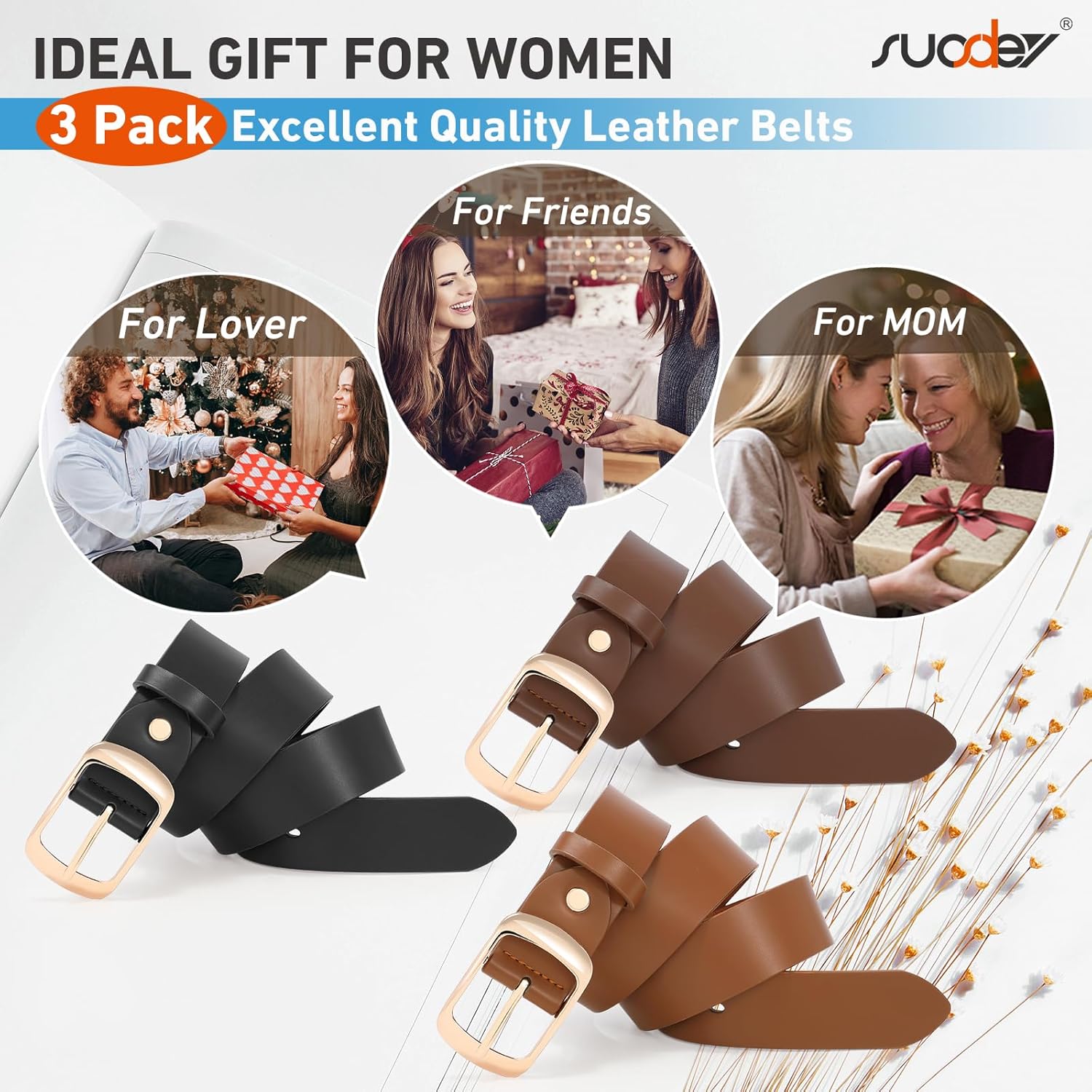 SUOSDEY 3 Pack FashionWomen Belts for Jeans Dresses Pants Ladies Leather Waist Belt with Elegant Buckle, Width 1.3" - Image 2