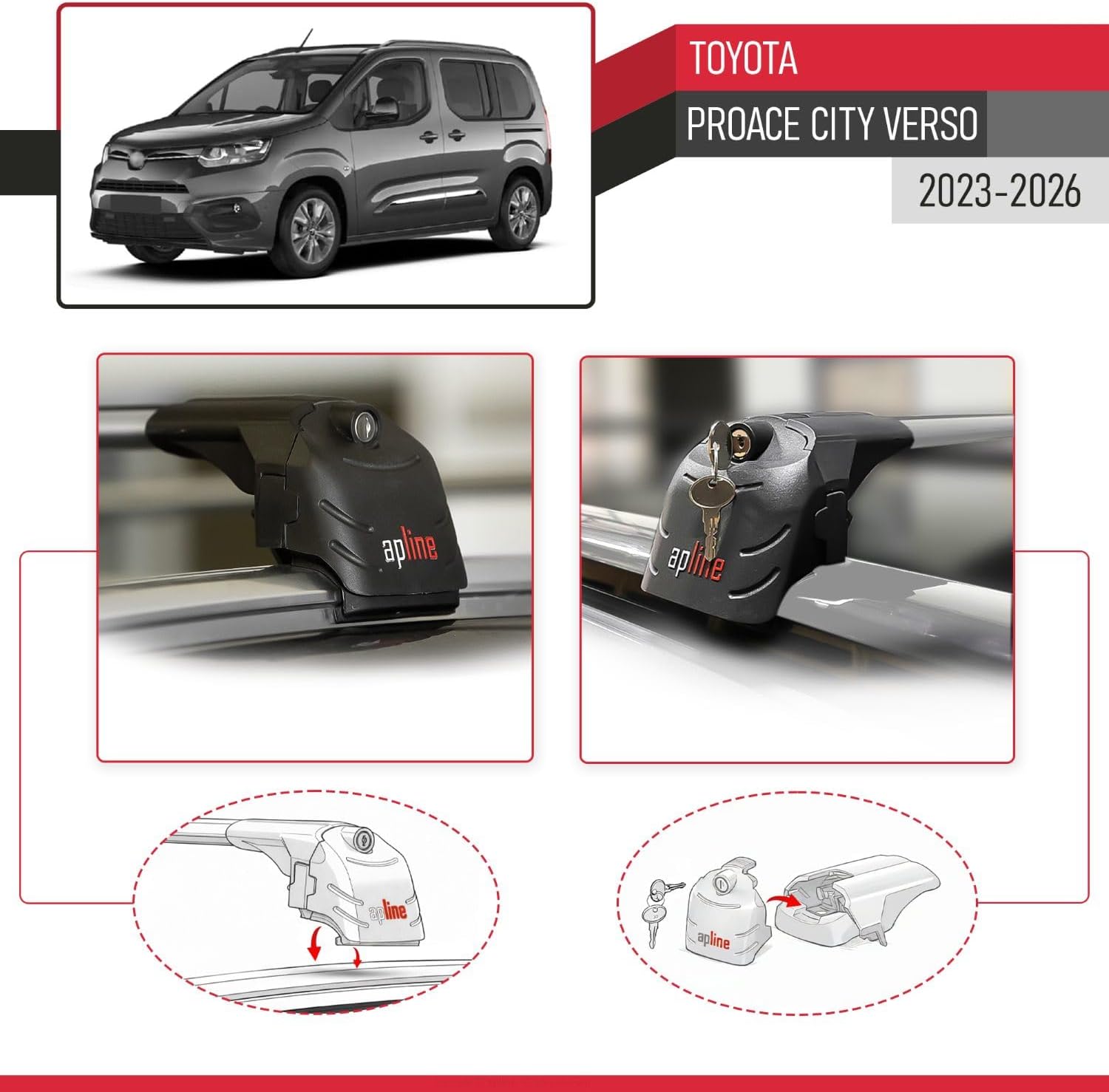 Compatible with Toyota Proace City Verso 2023-2026 ACE-2 Type Car Roof Rack Cross Bar Grey Aluminium Bars