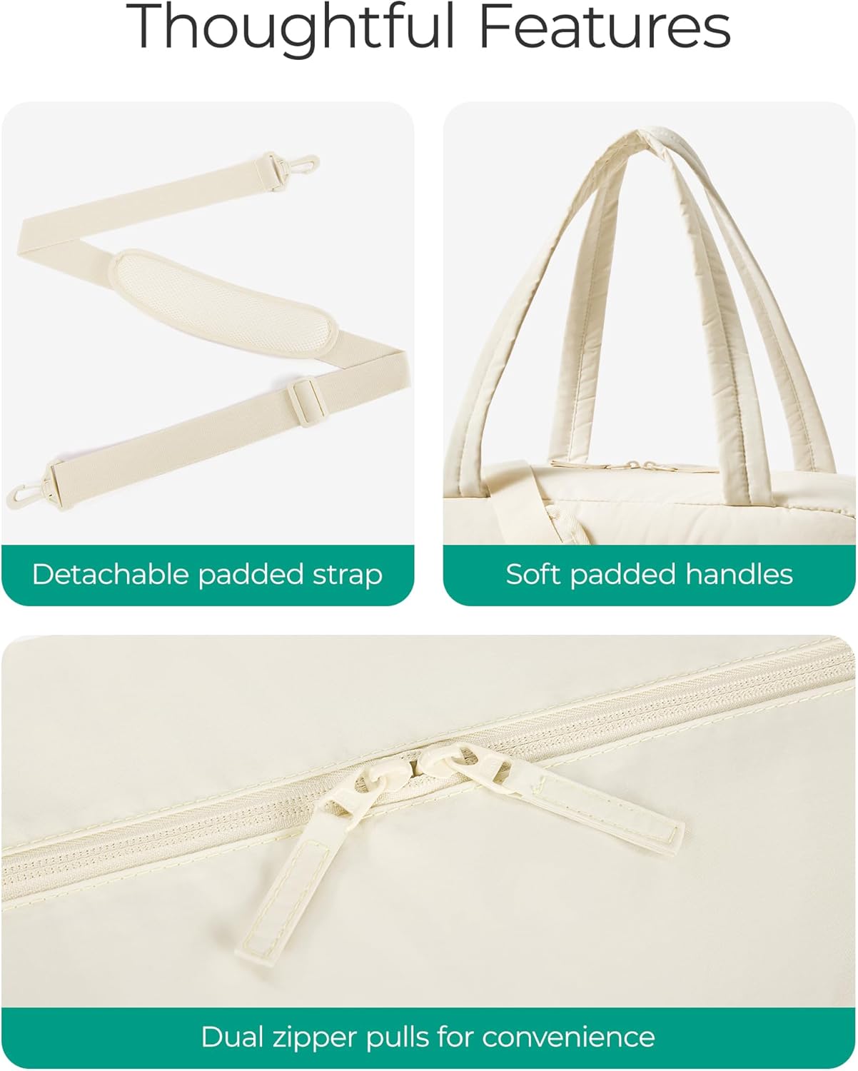 BAGSMART Gym Bag for Women, Lightweight Puffer Duffle Bag 2-PC Travel Bag, 31L Weekender Overnight Bag Quilted Carry On Tote Bag, Diaper Hospital Dance bag for Travel, Gym, Water Resistant, Beige - Image 6