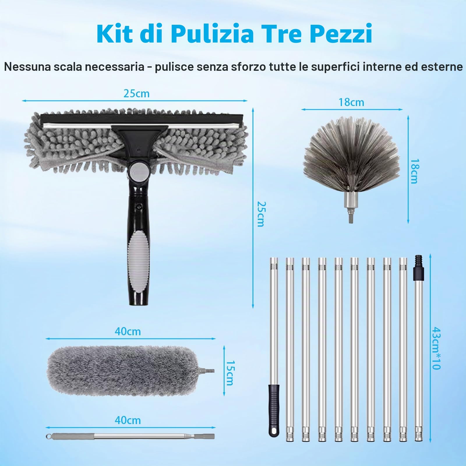 Spolverino per Polvere Allungabile,6 m Puliscivetri 3 in 1 con Asta Telescopica Lavabile Piumino Microfibra Spazzola Kit Pulizia Vetri Mobili per Ventilatore a Soffitto Persiane Tetti Mobili Ragnatele