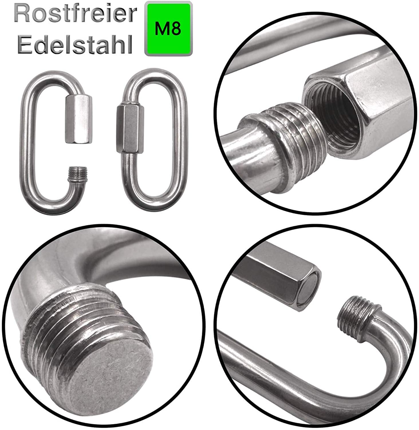 LATRAT Lot de 3 mousquetons à vis M8 en Acier Inoxydable - Maillon d'urgence à vis