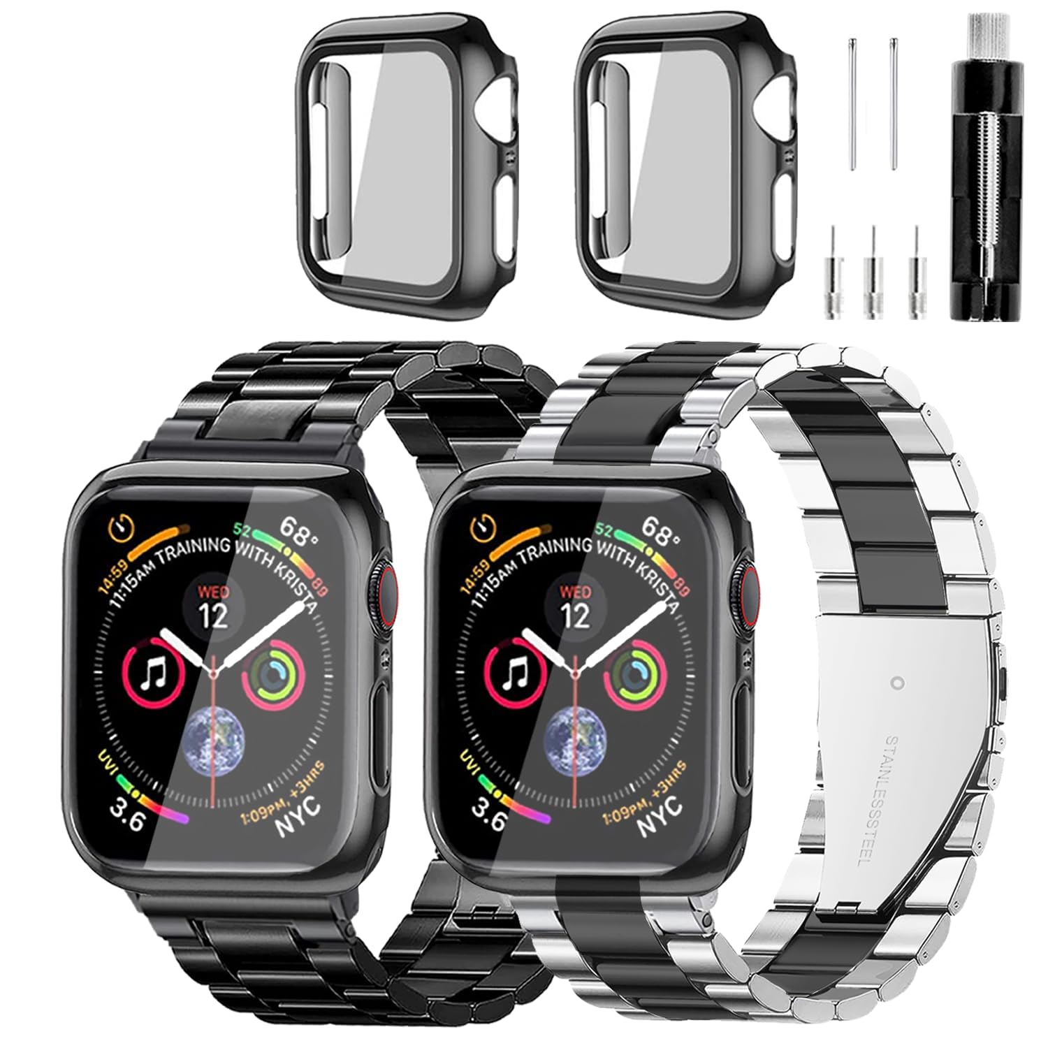 Compatible with Apple Watch Band and Case Iwatch Ultra Series 10 9 8 7 6 5 4 3 2 1 SE 49mm 46mm 45mm 44mm 42mm 41mm 40mm 38mm, Men Women Classy Stainless Steel Metal Business Black Silver Gold Pink