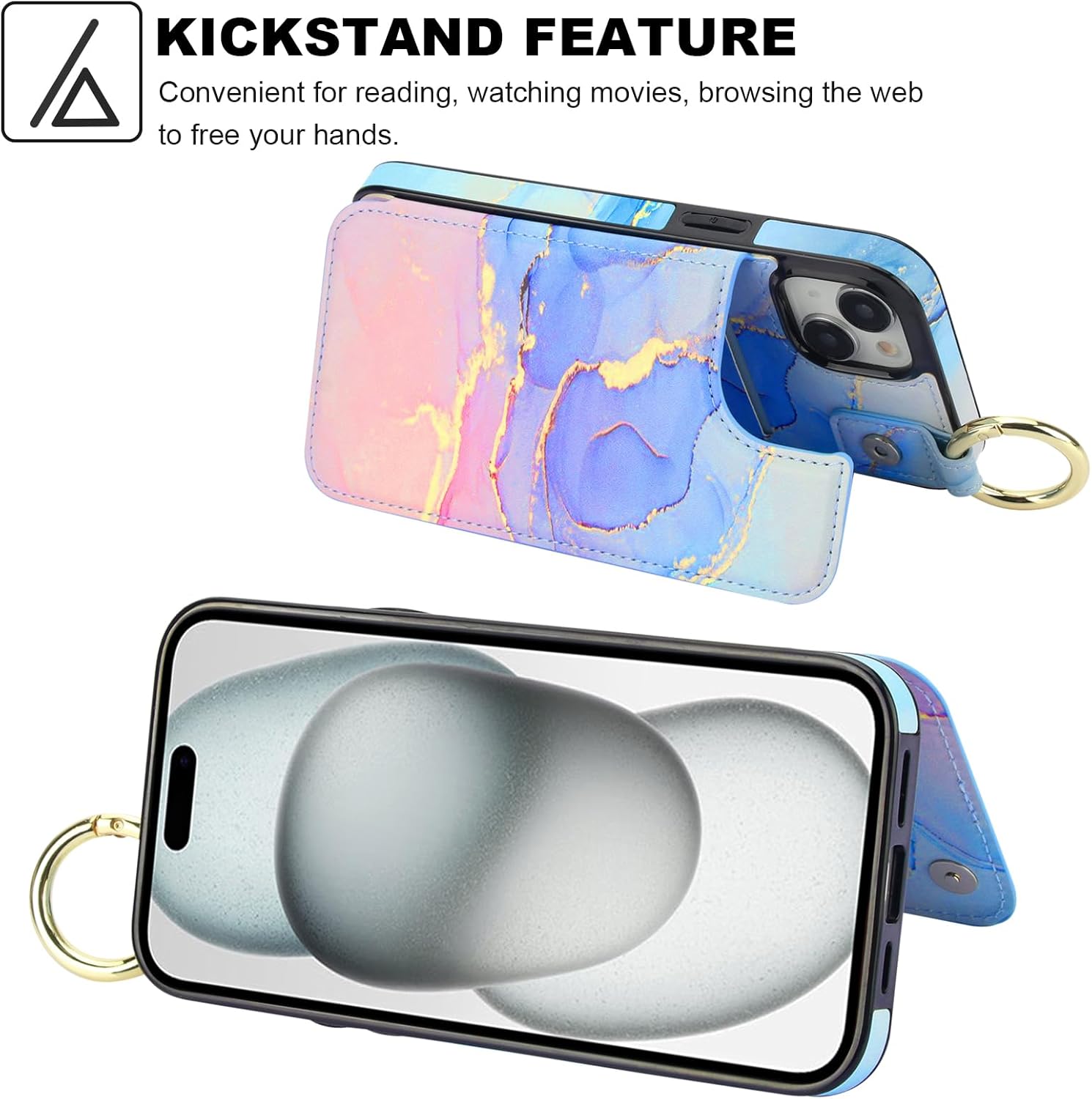 HAOPINSH for iPhone 15 Plus Wallet Case with Card Holder, Pink Blue Marble Print Back Flip Folio PU Leather Kickstand Card Slots Case, Finger Grip Ring Double Magnetic Clasp Shockproof 6.7"