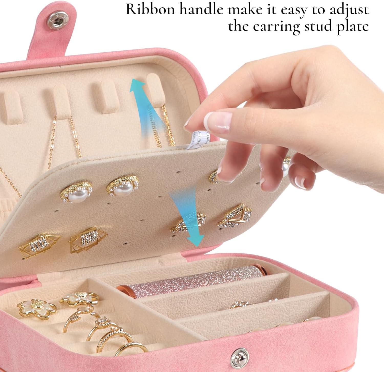 Hatori Travel Jewelry Box, PU Leather Small Jewelry Organizer for Women Girls, Portable Mini Travel Case Display Storage Holder Boxes for Stud Earrings, Rings, Necklaces, Bracelets (Pink Beige) - Image 4