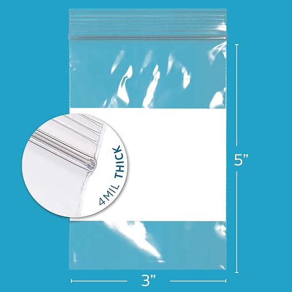 GPI - 3 x 5 - Bulk Pack of 500, 4 Mil Thick, Heavy Duty, Clear Plastic Reclosable Zip Bags, With Write-on White Block for Labeling, Strong & Durable Poly Baggies With Resealable Zipper Top Lock.