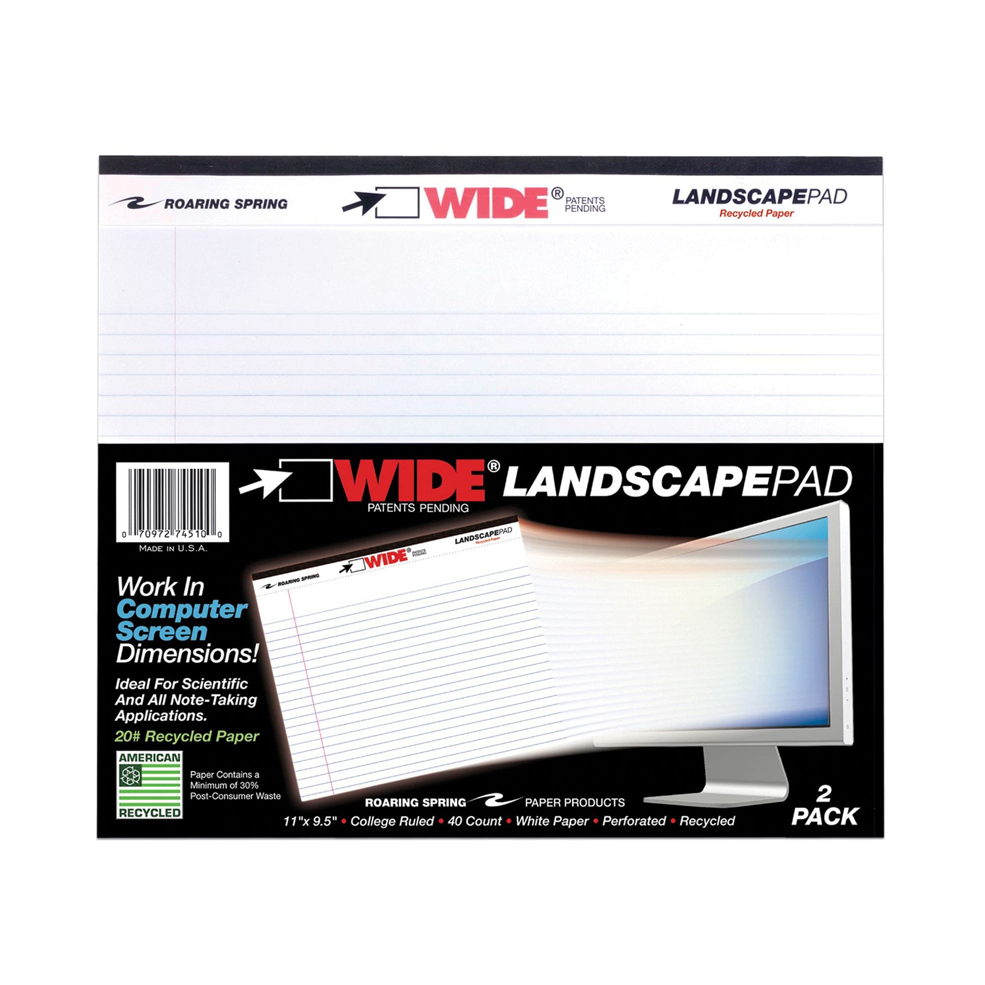 Amazon.com : Roaring Spring Wide College Ruled Legal Pad, 2 Pack, 11" x  9.5" 40 Sheets, White, Landscape Orientation Notepads, Made in USA : Office  Products