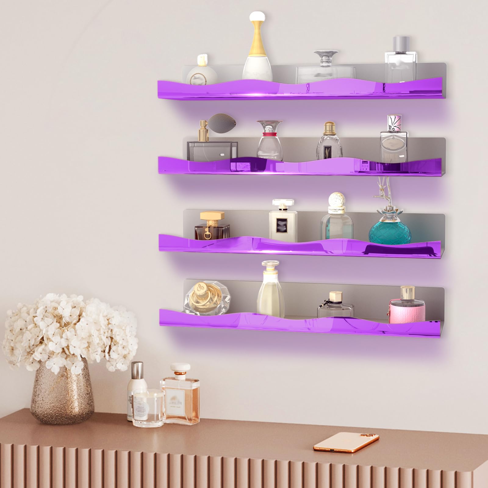 YMVV 40 cm großes, reflektierendes Acrylregal, schwimmendes Regal, Parfüm-Organizer, Regal, moderne Badezimmer-Aufbewahrung, Spielzeug, Dekoration, 4 Stück