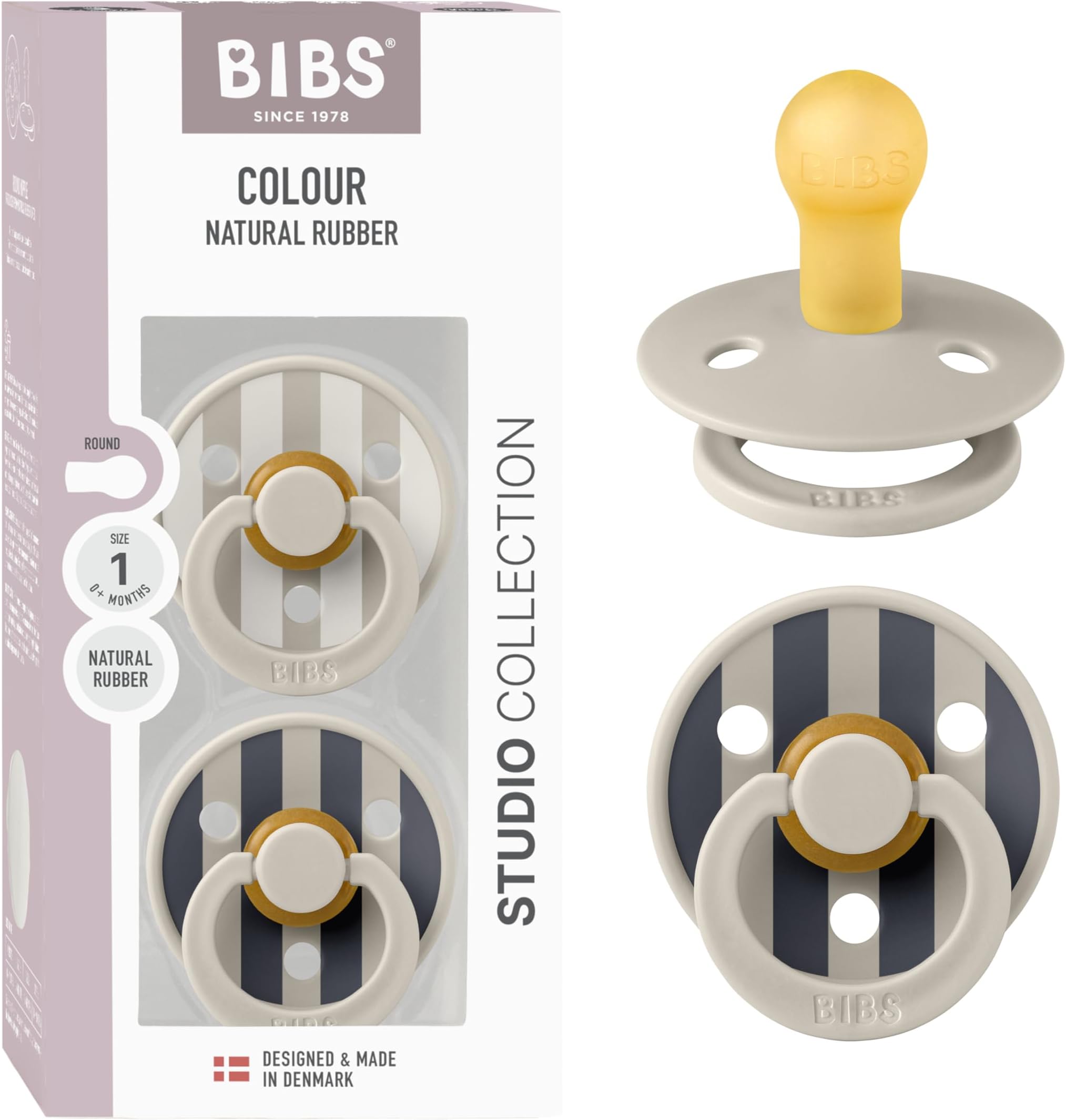 BIBS Pacifiers - Studio 2 Pack | Round Nipple Baby Pacifier | BPA Free Natural Rubber Latex Soother | Made in Denmark | Size 0+ Months | Block Sand