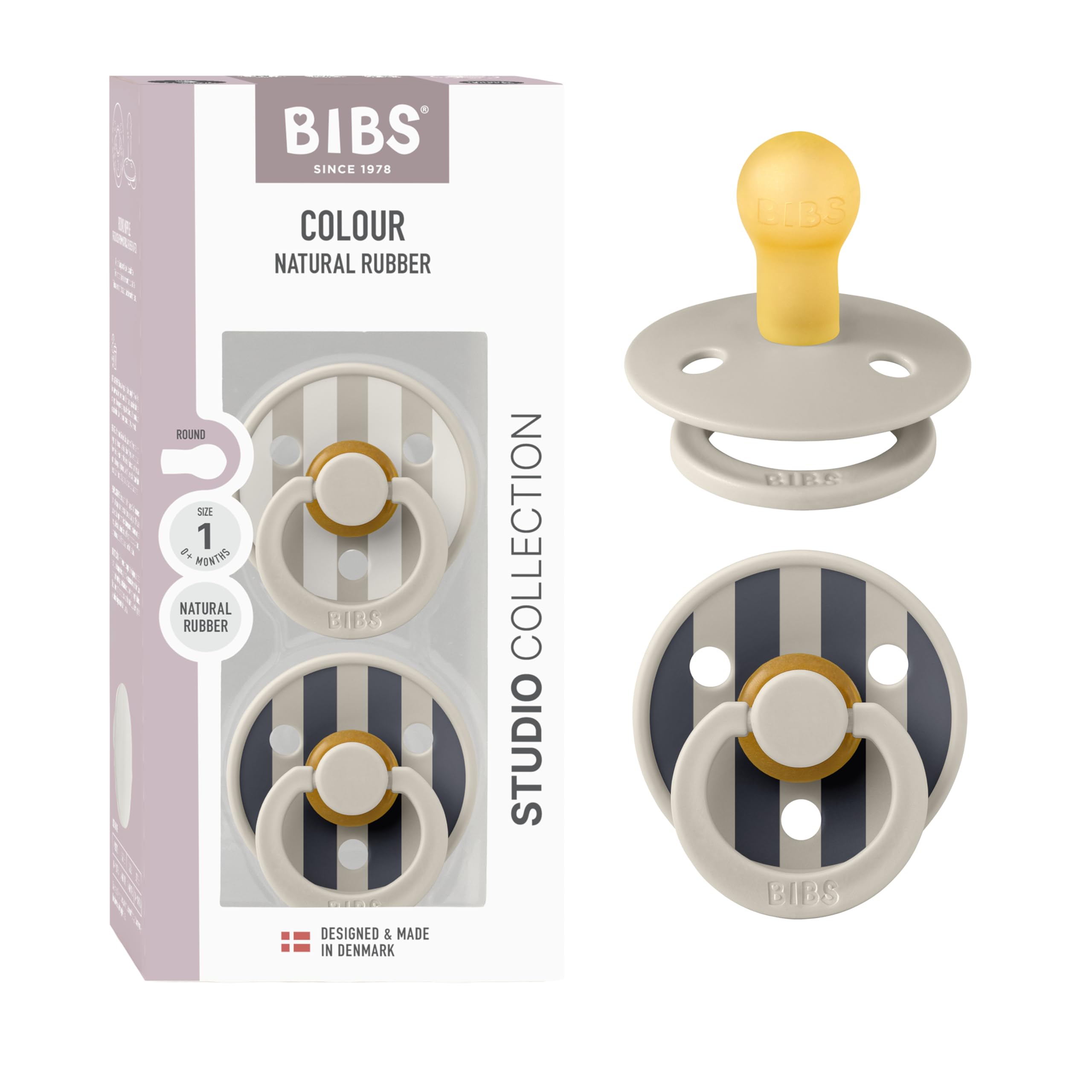BibsPacifiers - Colour Studio 2 Pack | Round Nipple Baby Pacifier | BPA Free Natural Rubber Latex Soother | Made in Denmark | Size 0+ Months | Block Sand