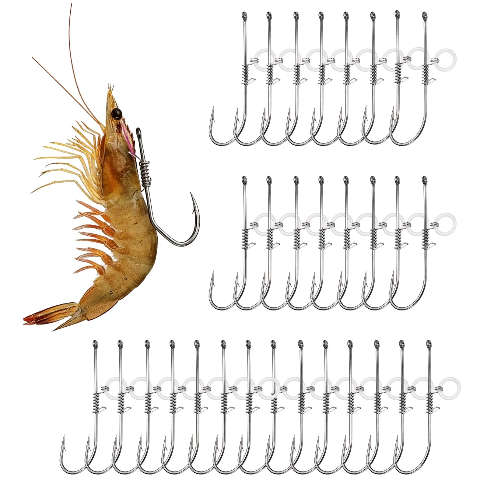 YELARXI Shrimp Hooks, High Carbon Steel Barbed Bait Holder Fishing Hook, Offset for Bass Catfish Salmon, 30Pcs & 3/0# & Silver - Fitting For(Saltwater/Freshwater Fishing)