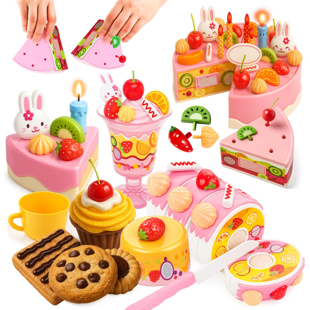 Toyana Kids Birthday Cake Toy, 75 PCs DIY Pretend Play Cake Decoration Accessories with Musical Light up Candle & Desserts Party Playset, Play Food Cutting Gift for Children Girls 3+ Year - Pink