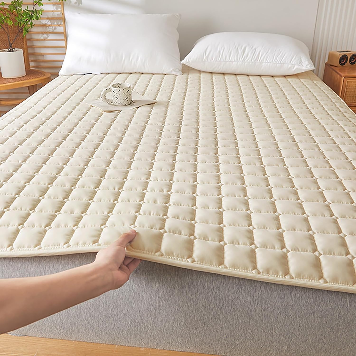 Waterproof Mattress Topper Mattress Protector Quilted Fitted Sheet with Elastic Straps Foldable Bed Cover Protector Non-Slip Breathable Bedding Mat,Khaki,150x200cm(59x79inch)
