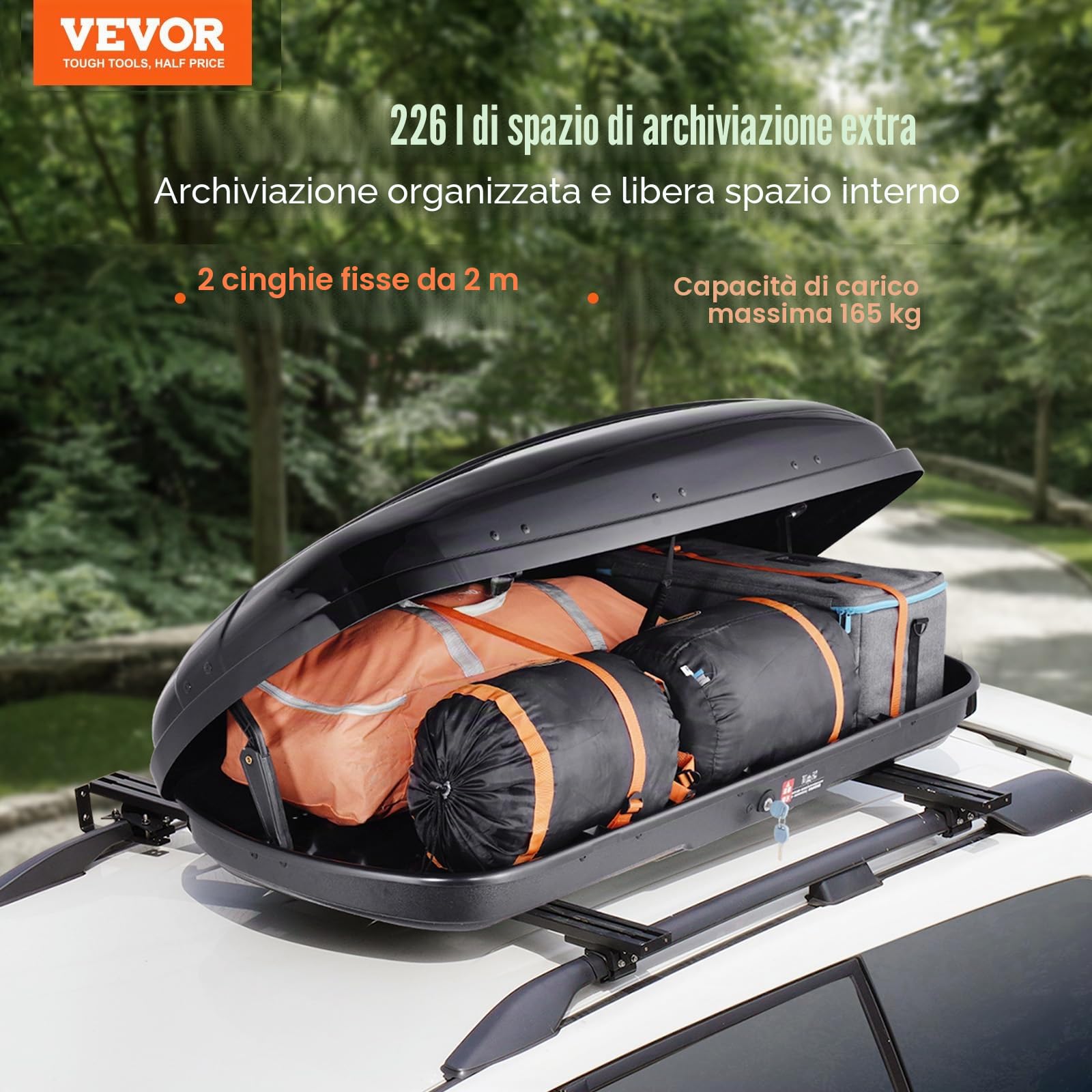 VEVOR Portapacchi da Tetto, Box da Tetto da 220 L Cubi in ABS, con Apertura su Due Lati e 2 Cinghie Rinforzate, Aerodinamico, Adatto alla Maggior Barre Trasversali, per Auto, Wagon, SUV, Nero
