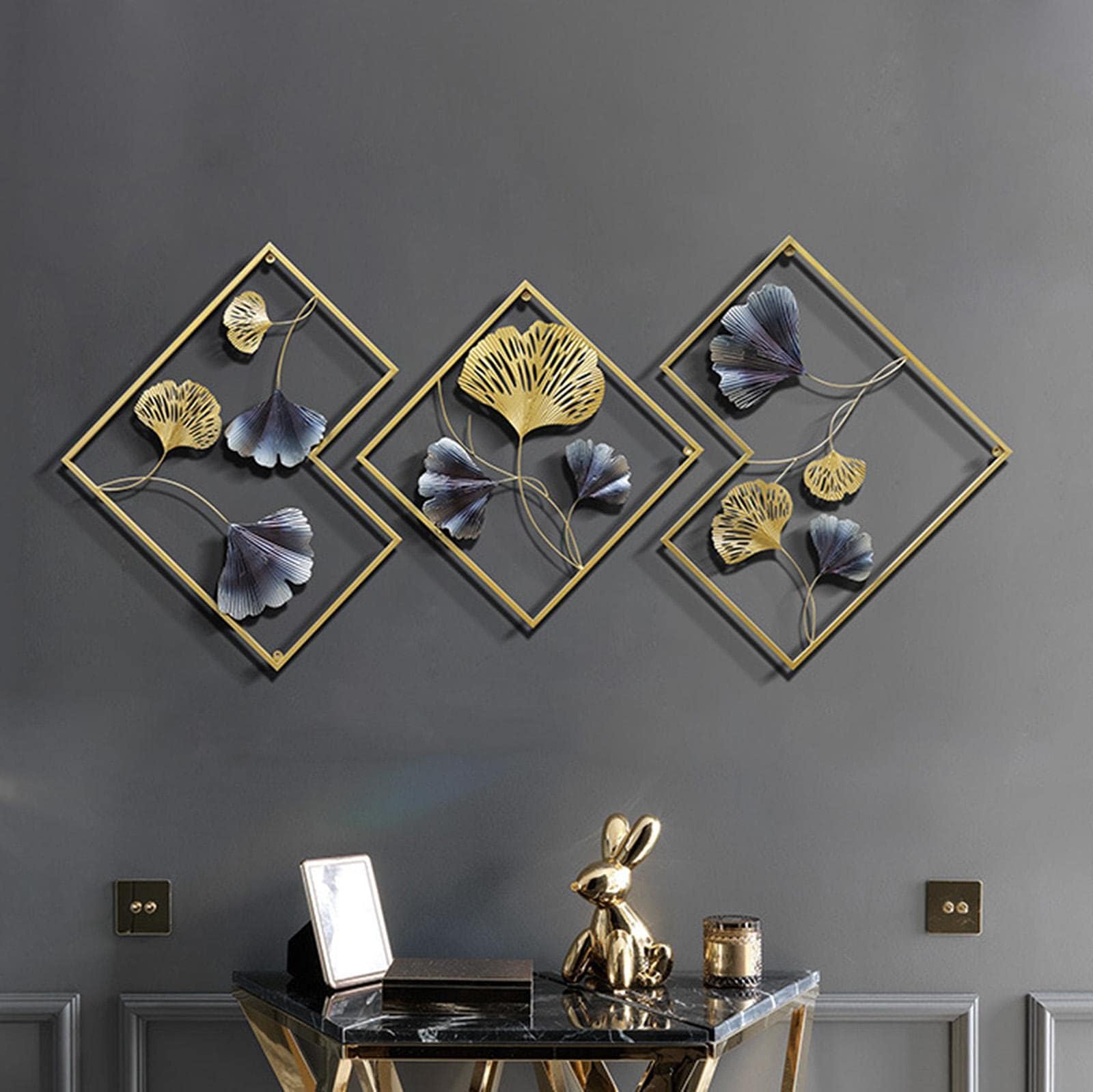 LMYSXAOZ Metal Wall Art Sculpture Set, Handmade Iron Ginkgo Leaves Decor, Modern Living Room Decoration
