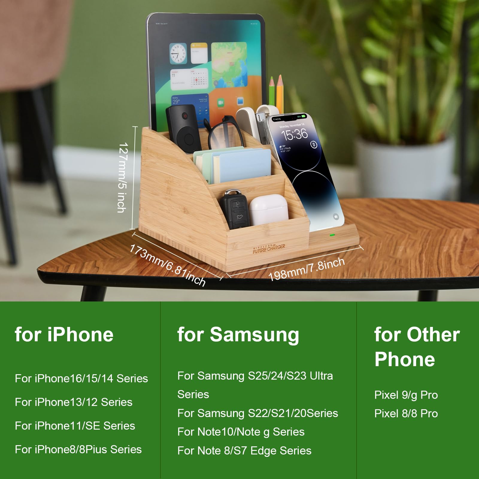 Stifthalter aus Bambus für Schreibtisch & Nachttisch-Organizer mit schnellem kabellosem Laden für iPhone, Samsung und mehr – Büro-Schreibtischzubehör für Männer/Frauen (Natur)