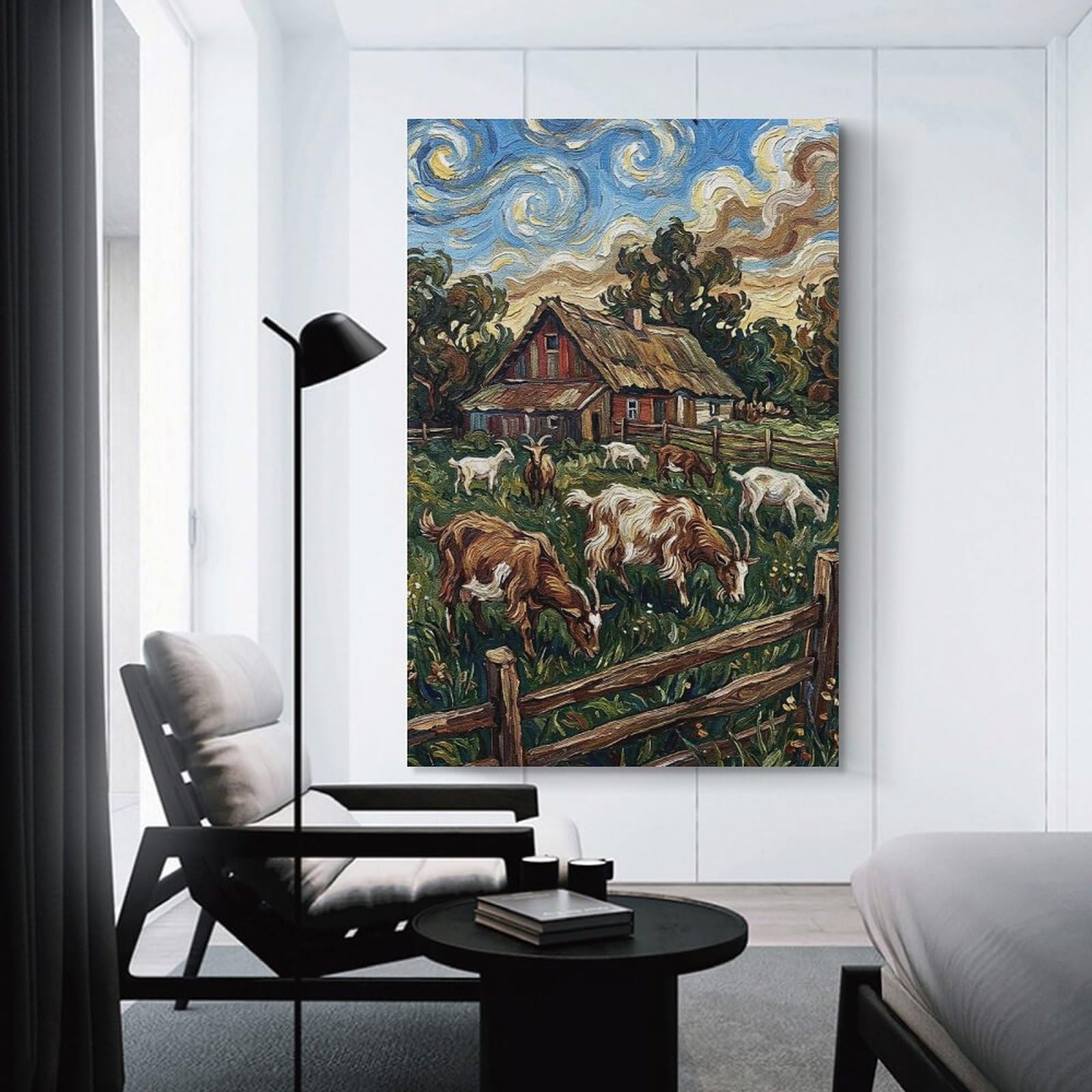 Junmoney Wall Art Print Goats Grazing Near Farmhouse Painting, 24x36inch(60x90cm), for Living Room, Bedroom Or Home Office, Thoughtful Wall Decor for Art Lovers