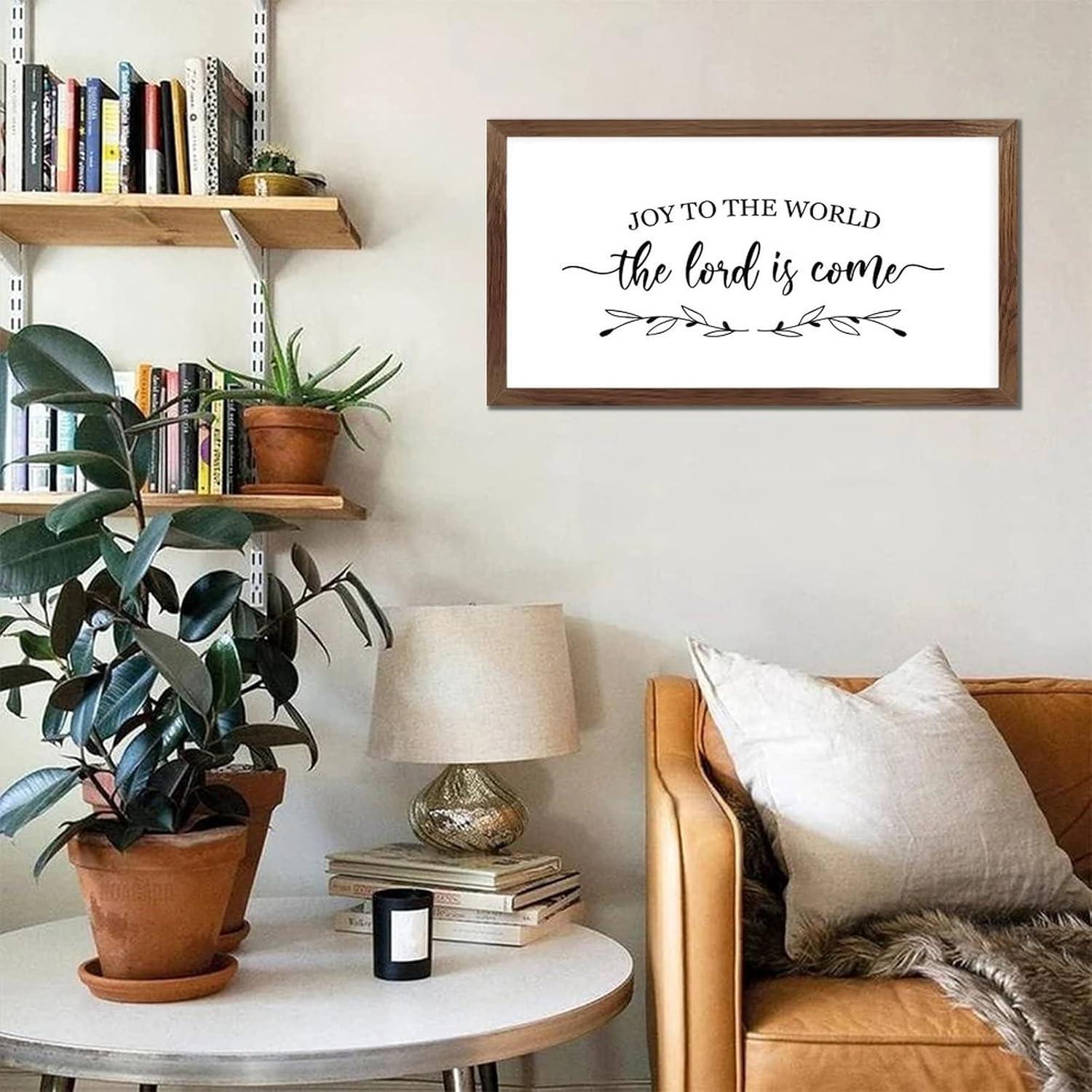 Rustic Style 12x22in Wooden Wall Art Sign with Inspirational Quotes Nativity Scene Joy to the World the Lord is Come Scripture Verses Apricot Frame Wooden Plaque for Washroom Cottage Wall Decor