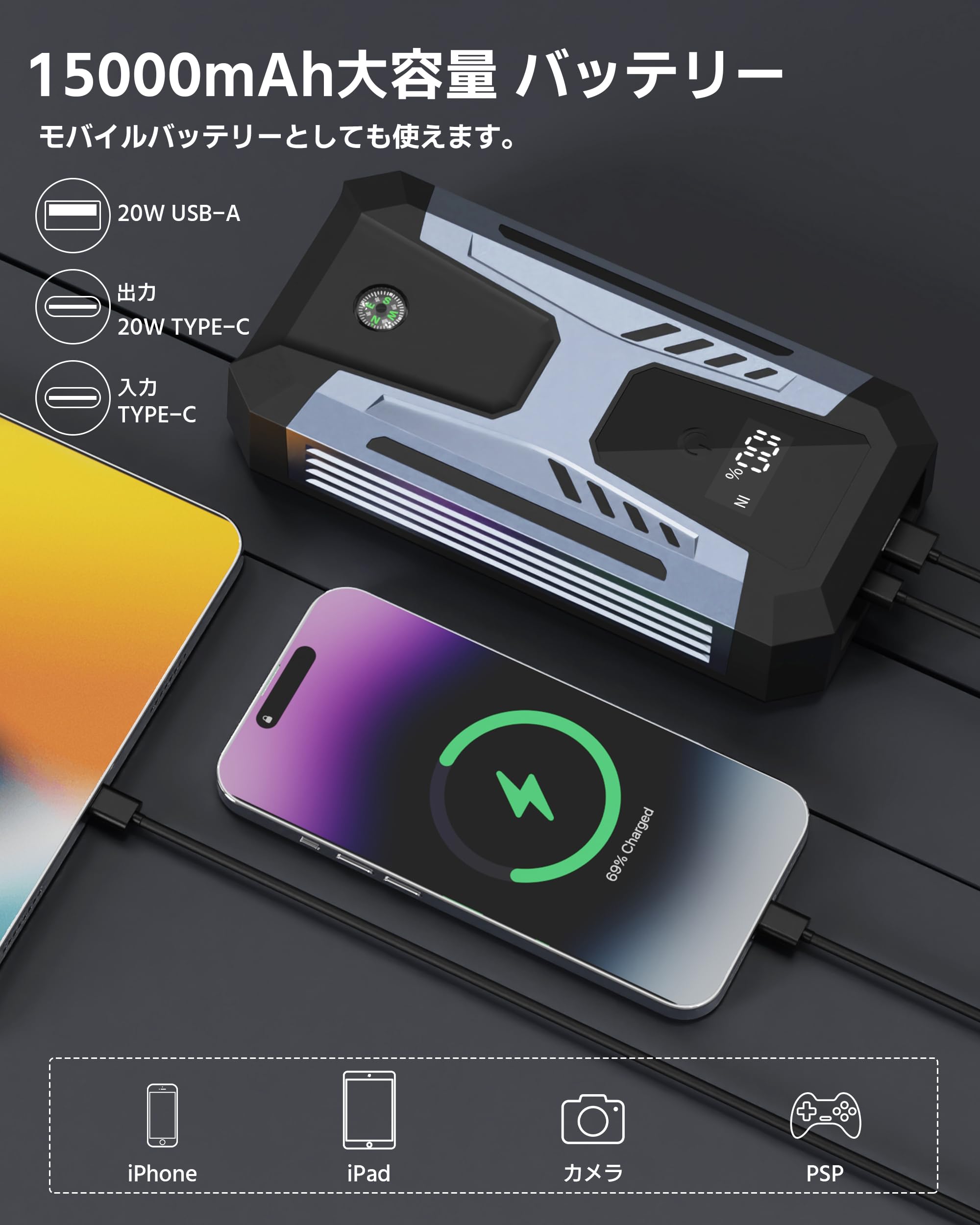 Amazon | ジャンプスターター 12V 車用 エンジンスターター ピーク電流