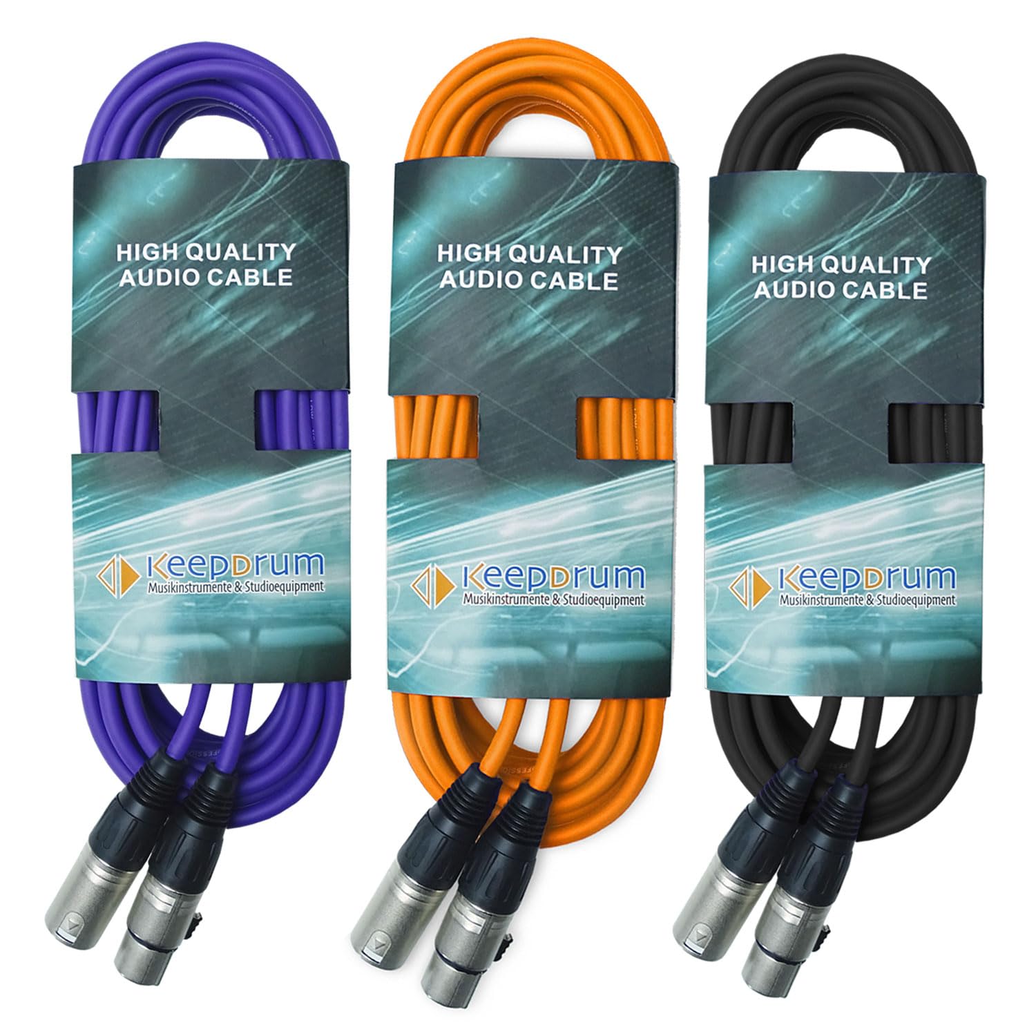 keepdrum Kabel mikrofonowy XLR 10 m pomarańczowy fioletowy czarny 3 sztuki