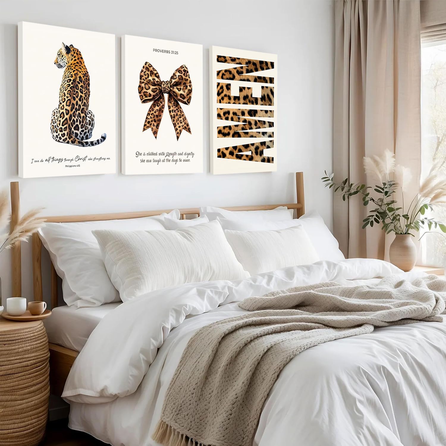3Pcs Trendy Leopard Canvas Wall Art, Funky Inspirational Bible Quotes Lucky Bow Posters Prints Preppy Room Aesthetic Cheetah Wall Decor Pictures for Bedroom bathroom livingroom office16x24in Framed