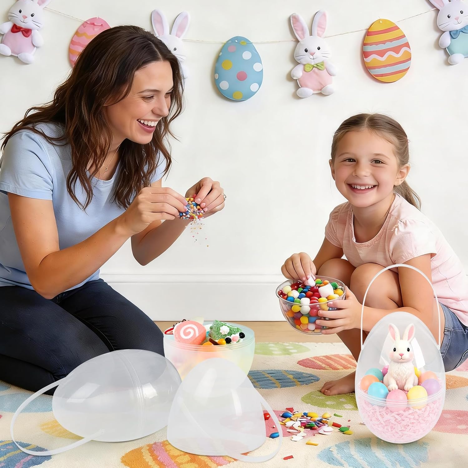 10" 8 Pack Jumbo Fillable Easter Eggs, Translucent Colors Plastic Giant Eggs, Empty Large Easter Basket Stuffers with Handles for Treats Hunts Party Favors Prize Gifts Spring Decorations