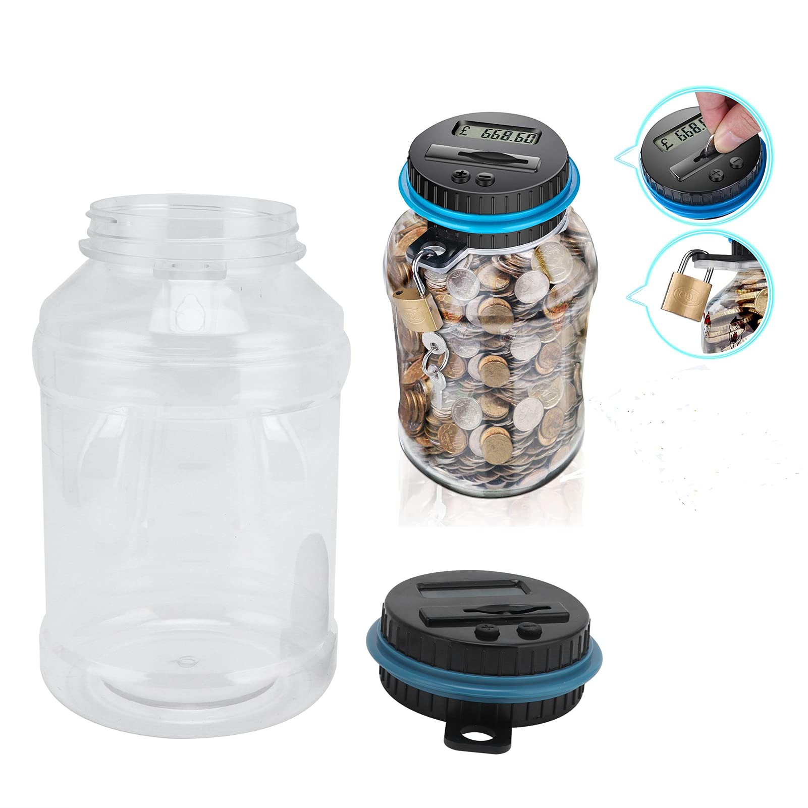 Hucha Digital con Contador, 1,8 L Banco de Monedas, Hucha Electrónica de para Euros, Bote Automática para Contar Monedas y Ahorrar Dinero con Cerradura, Caja de Moneda con Pantalla LCD de Alcancía