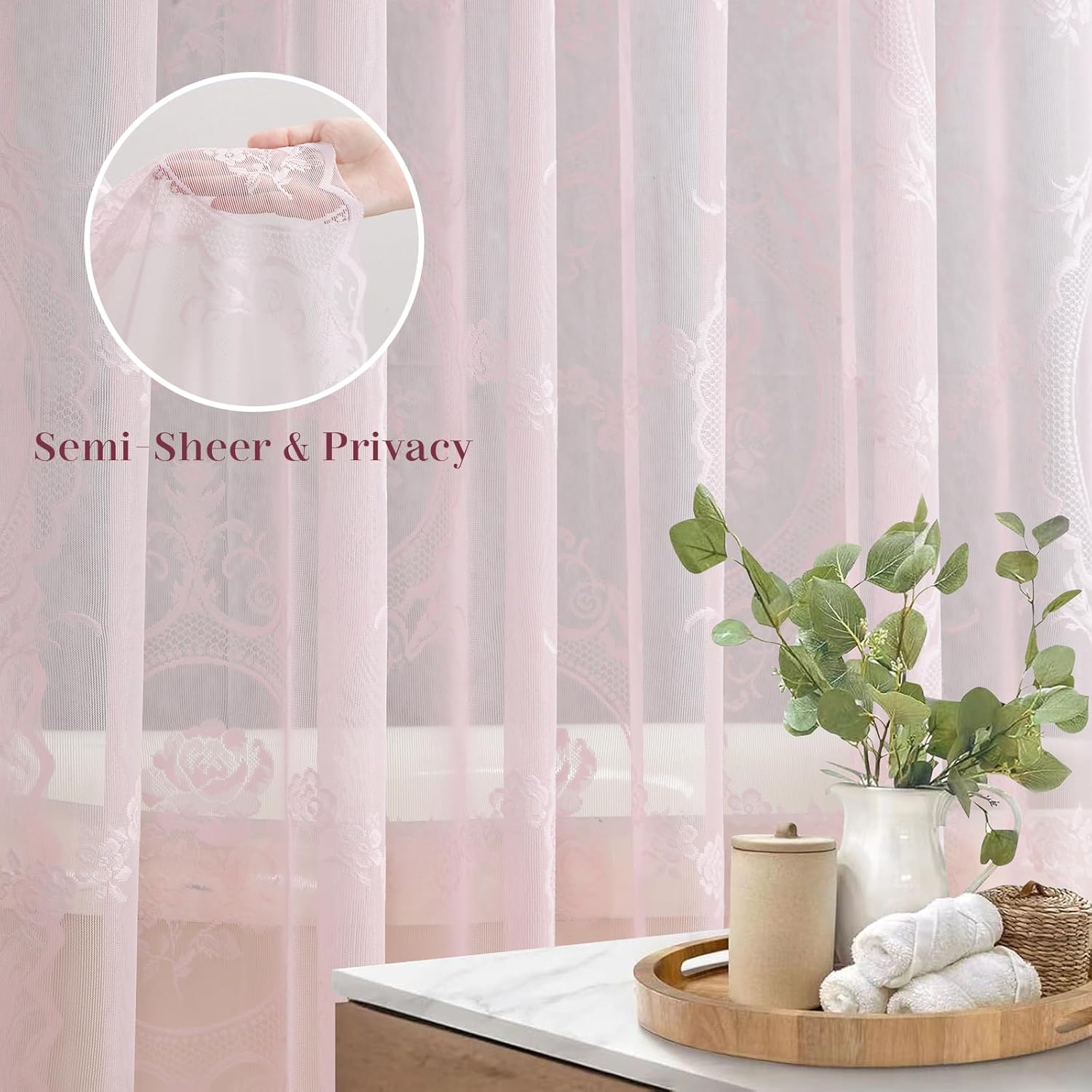 Pink Lace Shower Curtain with Valance and Tassel, Shabby Chic Romantic Floral Sheer Shower Curtain, Vintage Scalloped Edge Decorative Bathroom Curtain for Girls & Women, 72" W x 72" L