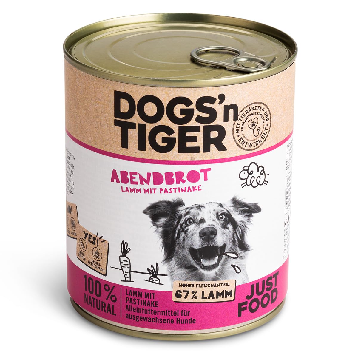 Dogs'n Tiger Adult mokra karma dla psów, kolacja, receptura odpowiednia dla zwierząt, 67% zawartości mięsa + olej lniany + zioła – bez cukru, sztuczne aromaty, jagnięcina i pasternak, 12 x 800 g