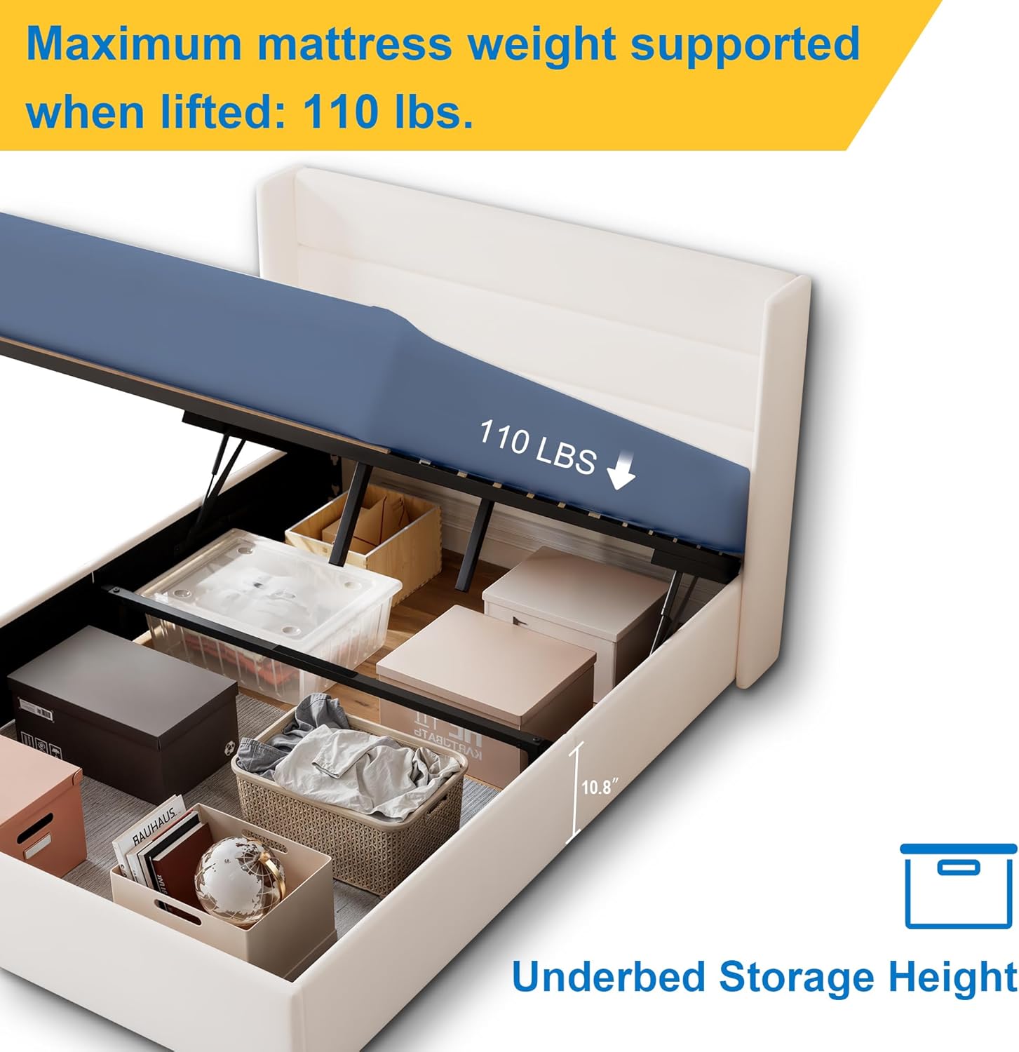 GOLDORO Queen Size Upholstered Platform Bed Frame with Lift-Up Storage, Wingback Headboard, Hydraulic Lift Support, No Box Spring Needed, White