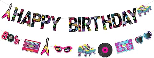 Sursurprise Decoraciones de fiesta temática de regreso a los 80, pancarta de feliz cumpleaños de los años 80, suministros de fiesta de cumpleaños