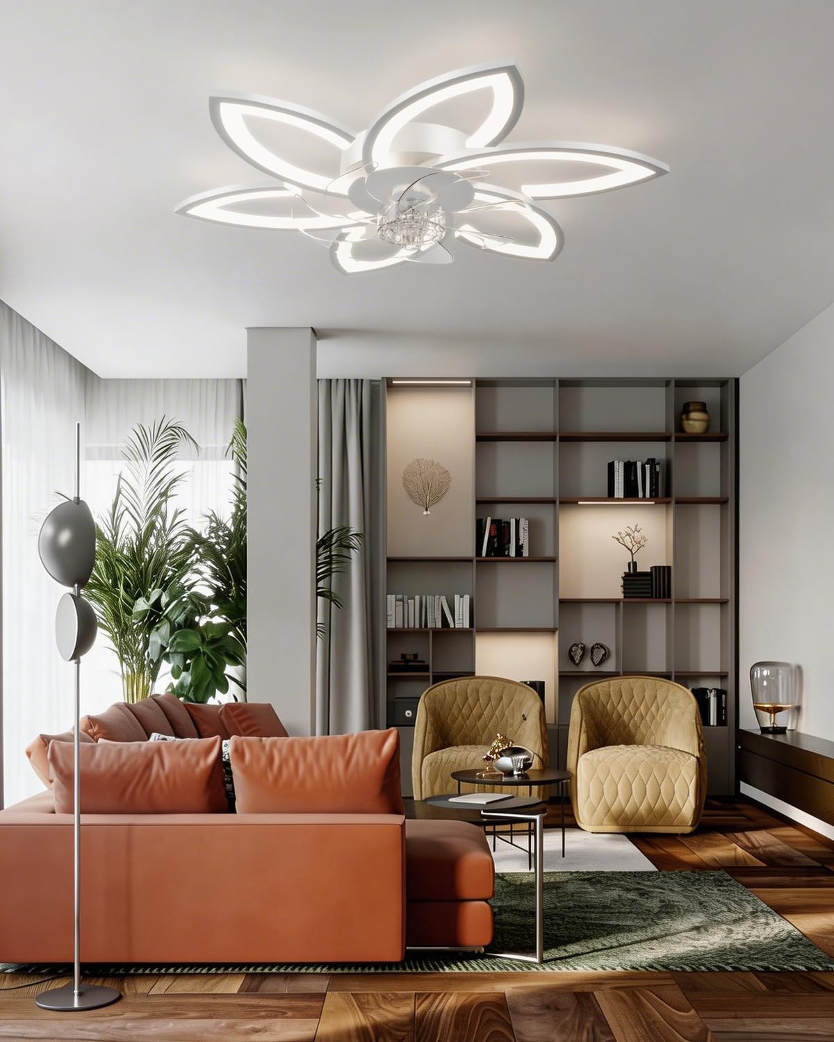 Lampadario Intelligente con Ventilatore e Controllo Alexa, Nessun WiFi Richiesto, Plafoniera con Ventilatore Design Moderno a Fiore, Lampadario Ventola per Camera da Letto, Soggiorno, Bianco