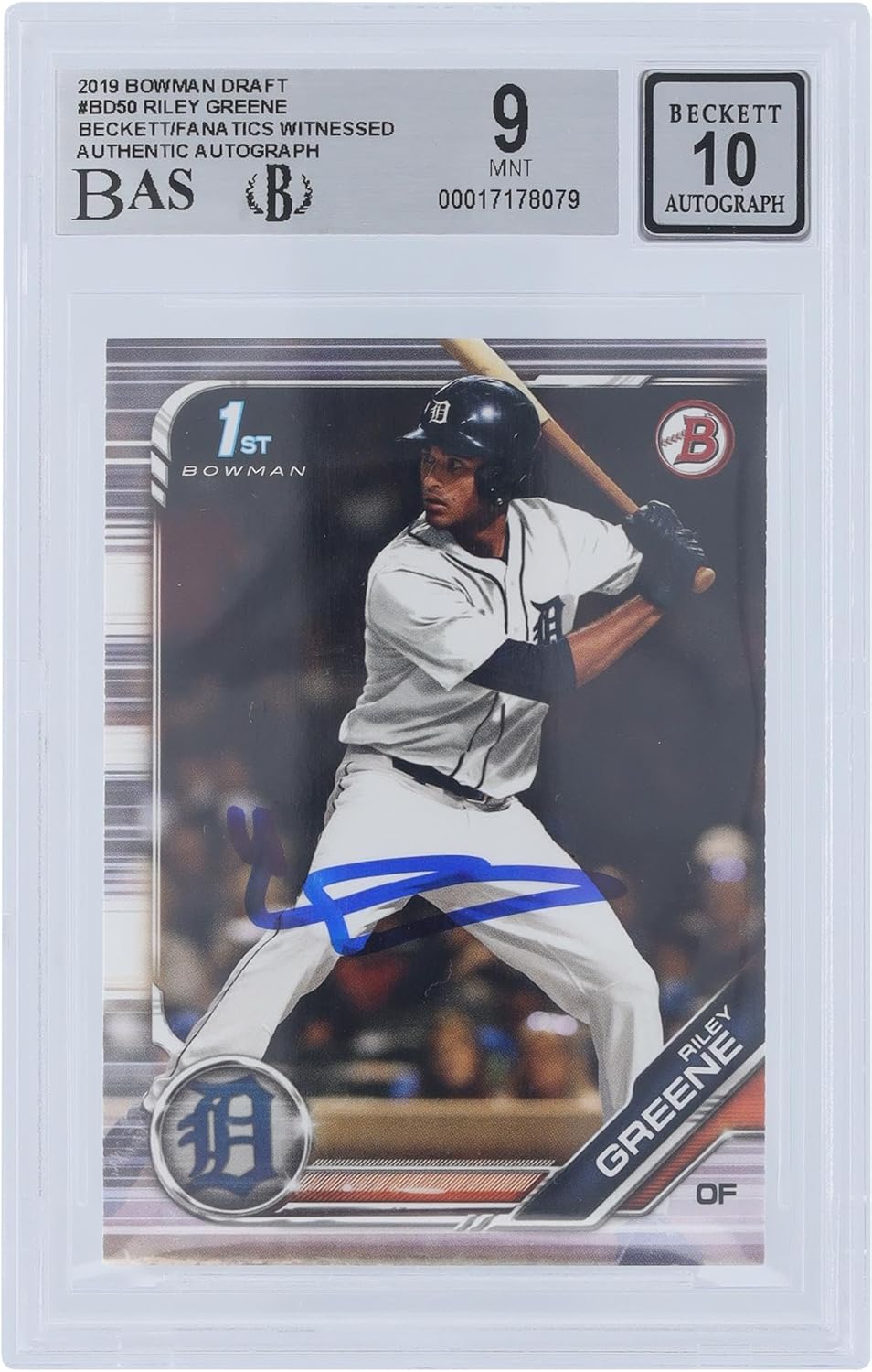 Riley e Detroit Tigers Autographed 2019 Bowman Draft #BD-50 Beckett Fanatics Witnessed Authenticated 9/10 Card - Baseball Slabbed Autographed Cards