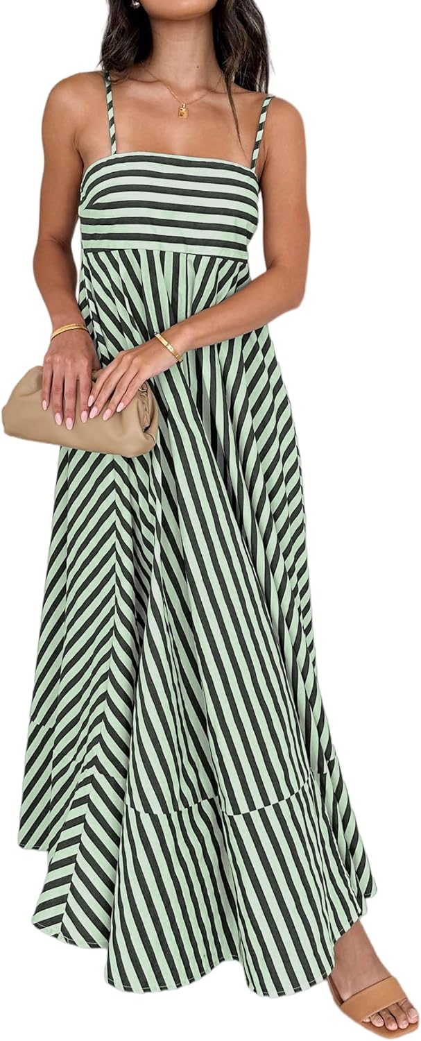 Women Striped Maxi Dress Smocked Backless Spaghetti Strap Long Flowy Dress Sleeveless Boho Aline Sundress