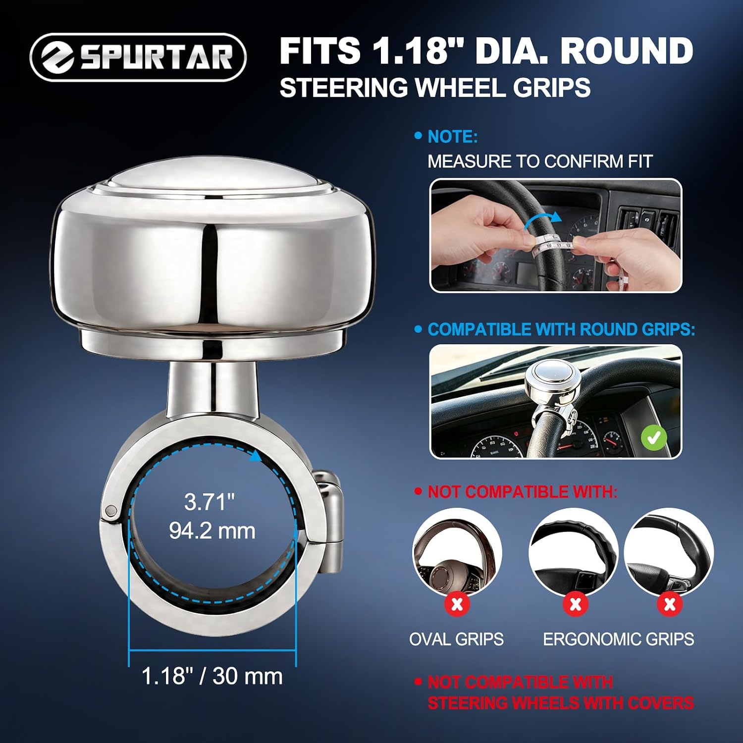 Spurtar Steering Wheel Knob Spinner, Fits 1-3/16" (30mm) Diameter, Round