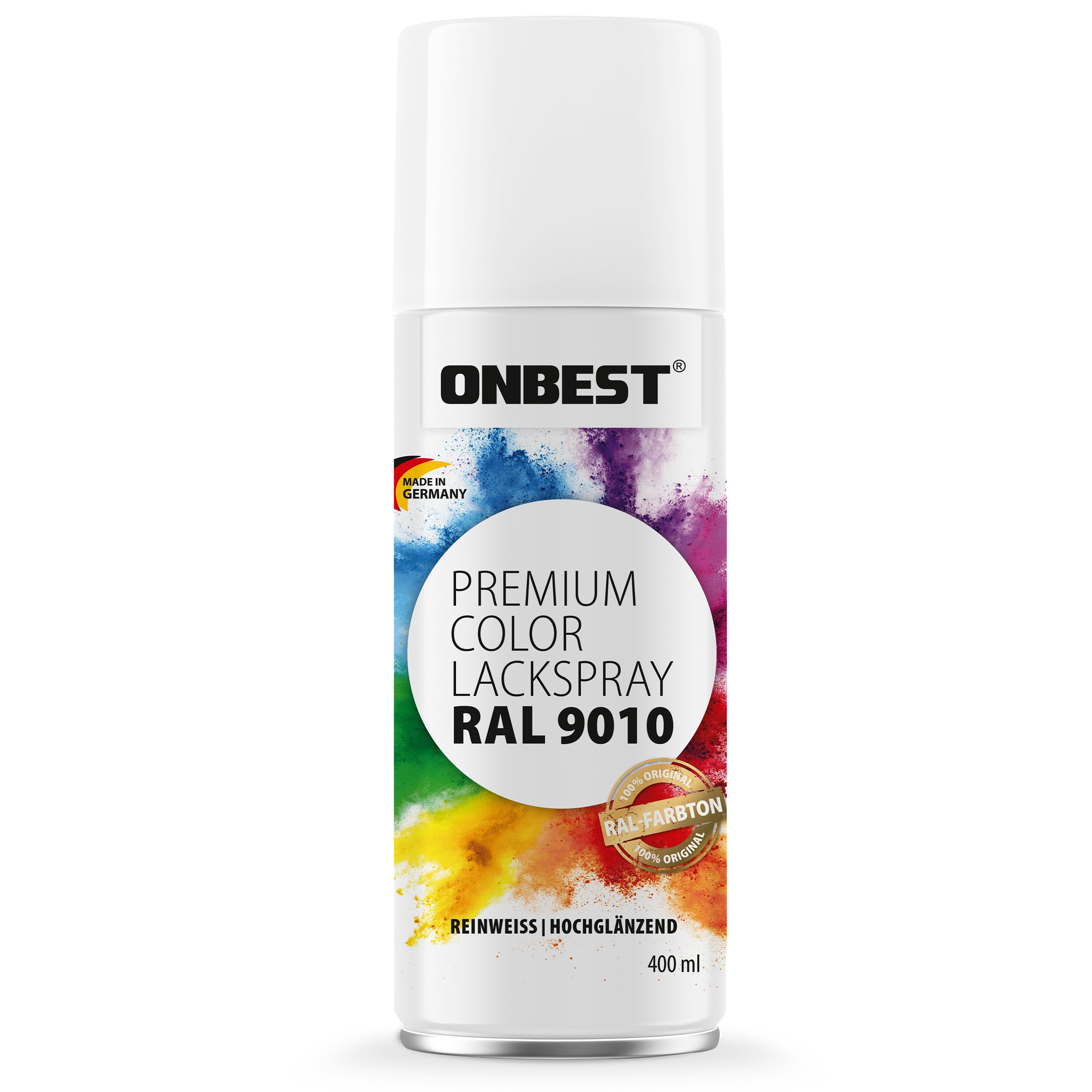 Onbest Premium Lackspray Sprühfarbe – wasserfest – Sprühlack Farbe zum Lackieren, Dekorieren & Reparieren von Oberflächen wie Metall, Holz, Kunststoff, Pappe, Stein (RAL 9010 Reinweiß Glänzend)