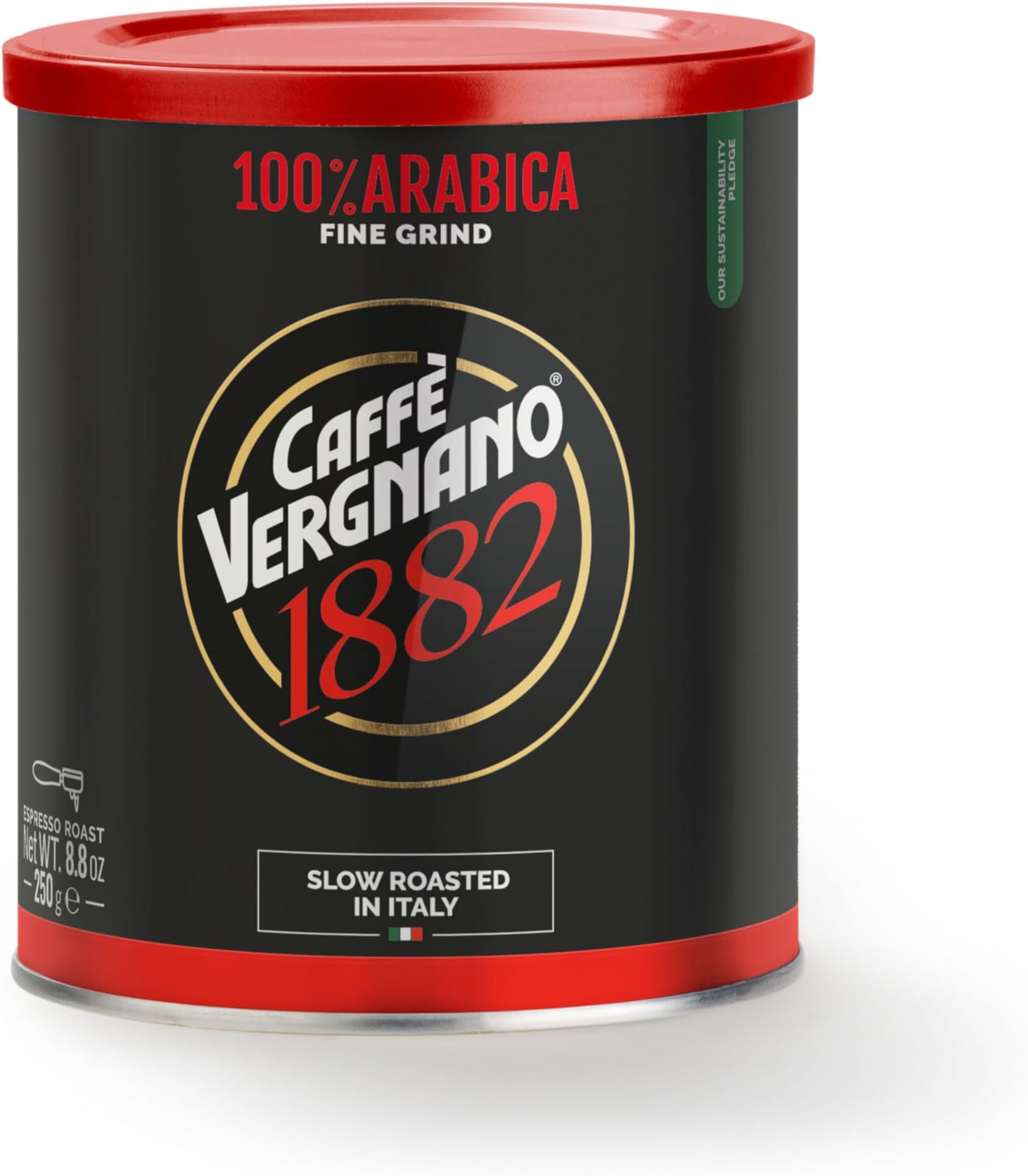 Caffe Vergnano Italian Finely Ground 100% Arabica Espresso Coffee – Intensity 6, Delicate & Subtly Fruity Flavor Blend, Slow Roasted with Notes of Milk Chocolate, Caramel & Nuts, 8.82 oz Tin