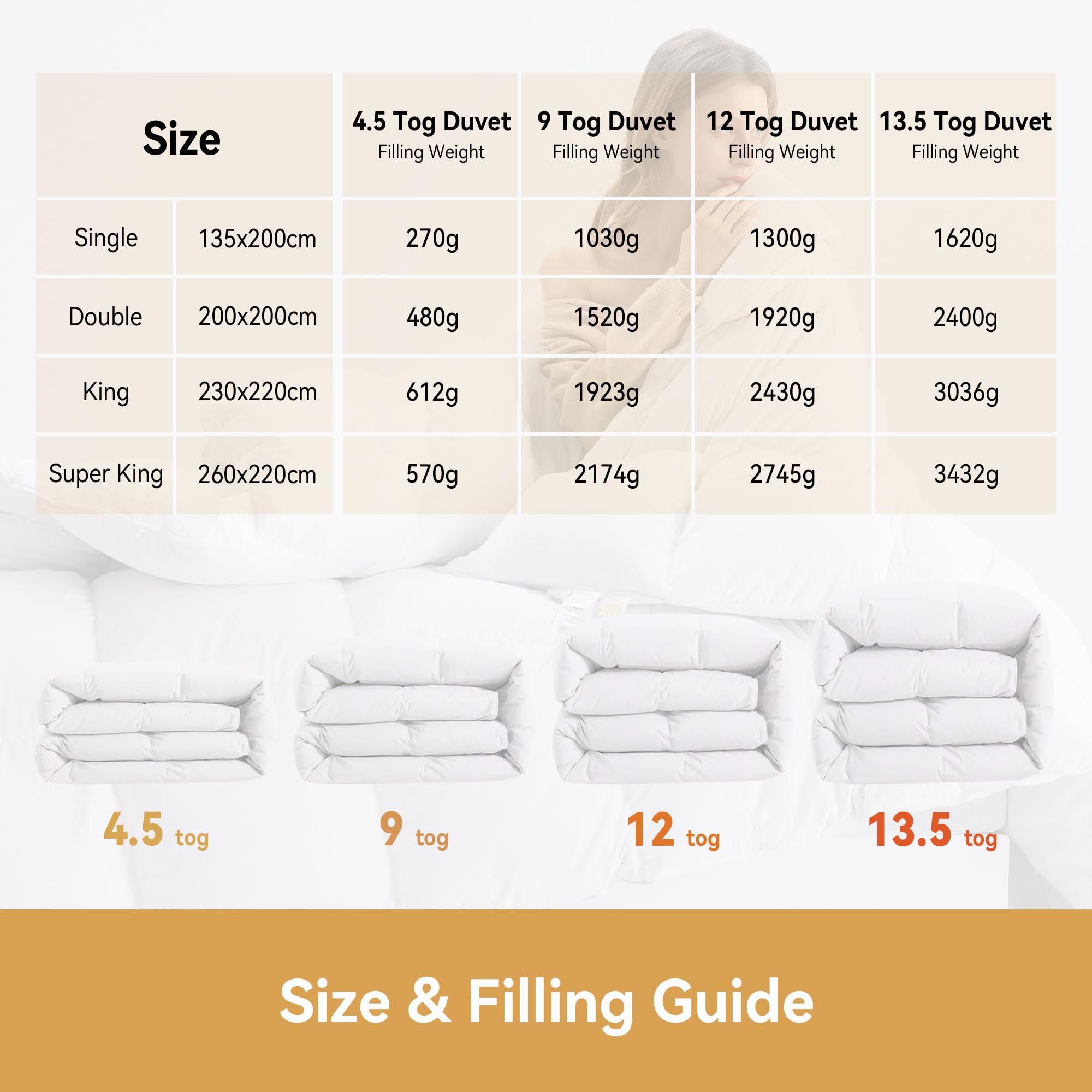 Piumino di lusso King Size 12 Tog in piume d'oca, peso elevato｜Rivestimento 600TC traspirante 100% cotone e tessuto anti-piuma｜Trapunta King di qualità alberghiera con 8 linguette angolari｜