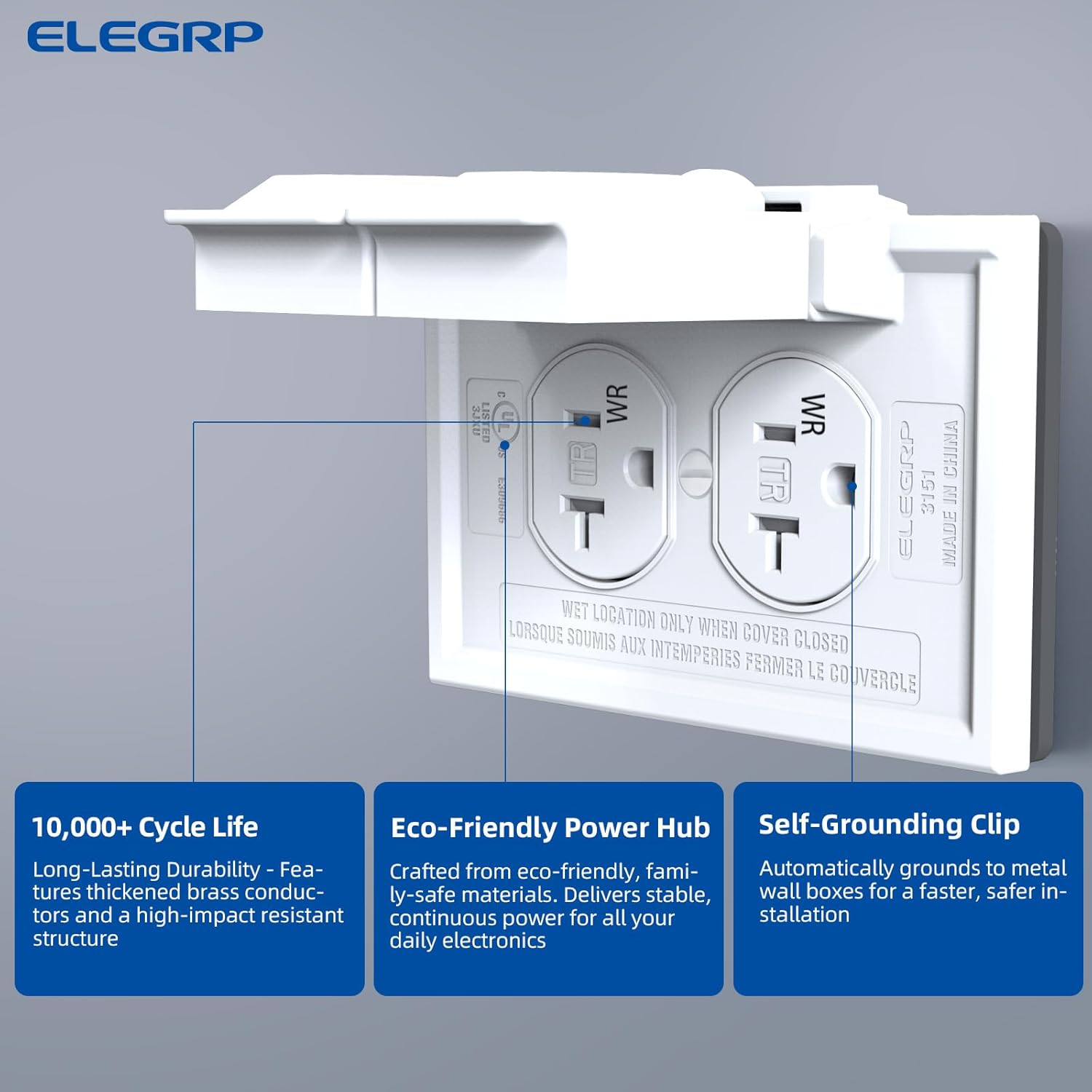 ELEGRP 15 Amp Standard Duplex Receptacle with Horizontal Outdoor Electrical Outlet Cover, 2-Hole Weatherproof Wall Plate, TR WR Tamper Weather Resistant, Self-Grounding, UL Listed, White, 10 Pack