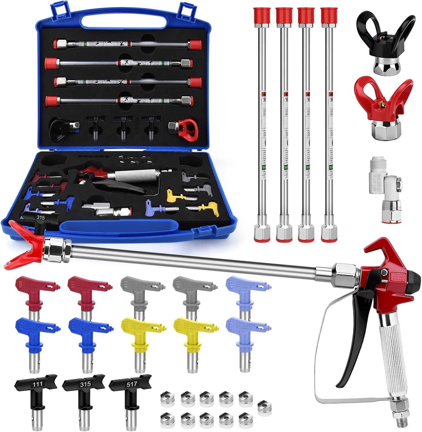 22Pcs 3600PSI Airless Spray Gun Kit with Spray Tips, 11.8 in Airless Paint Sprayer Gun Tip Extension Pole, Tip Guards, Swivel Joint for Paint Sprayer Gun Painting