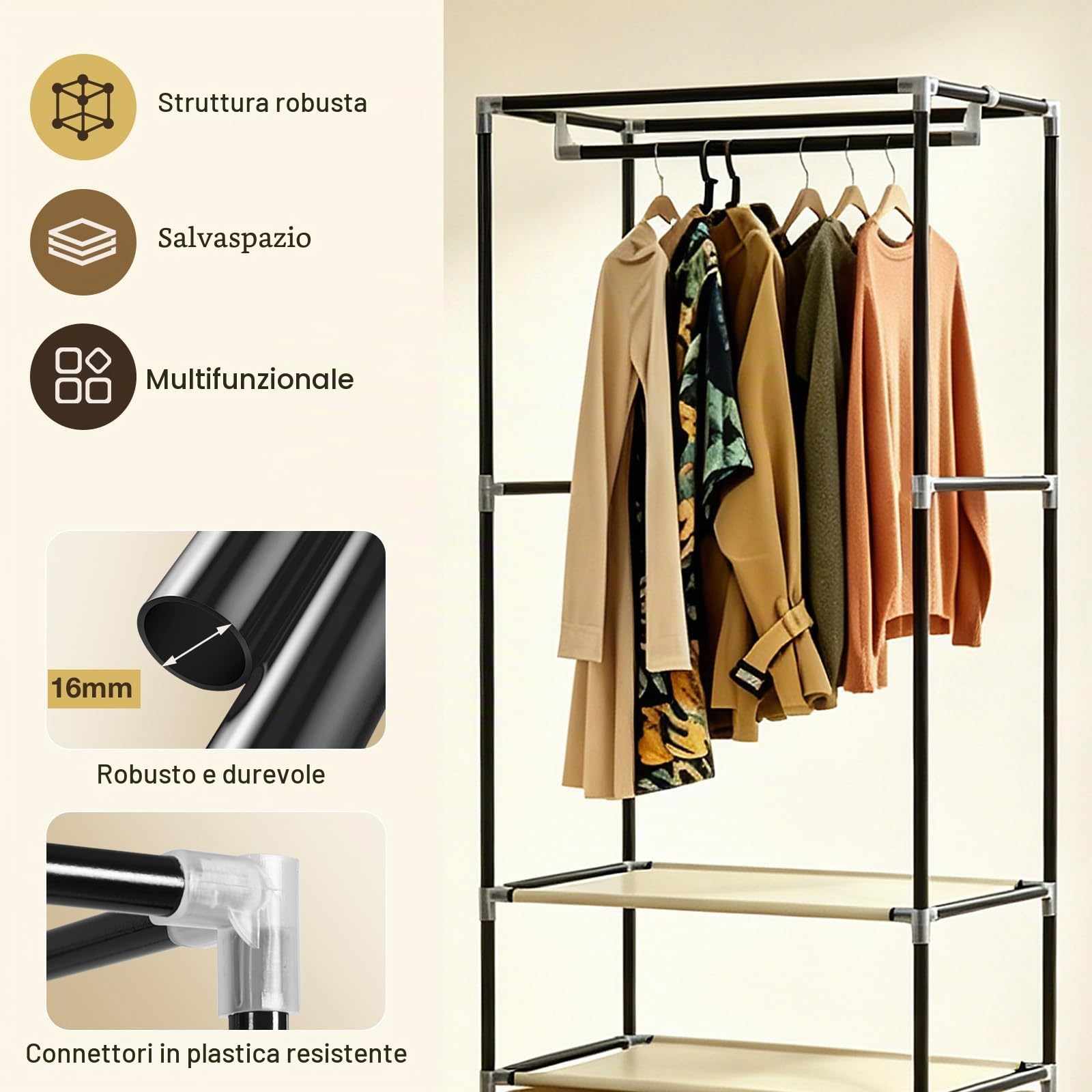 Hododou, Armadio in tela singolo, con 2 cassetti e asta appendiabiti, pieghevole e portatile, per conservare abiti, borse, giocattoli, scarpe, per soggiorno e camera da letto, 160 x 59 x 43 cm (beige)