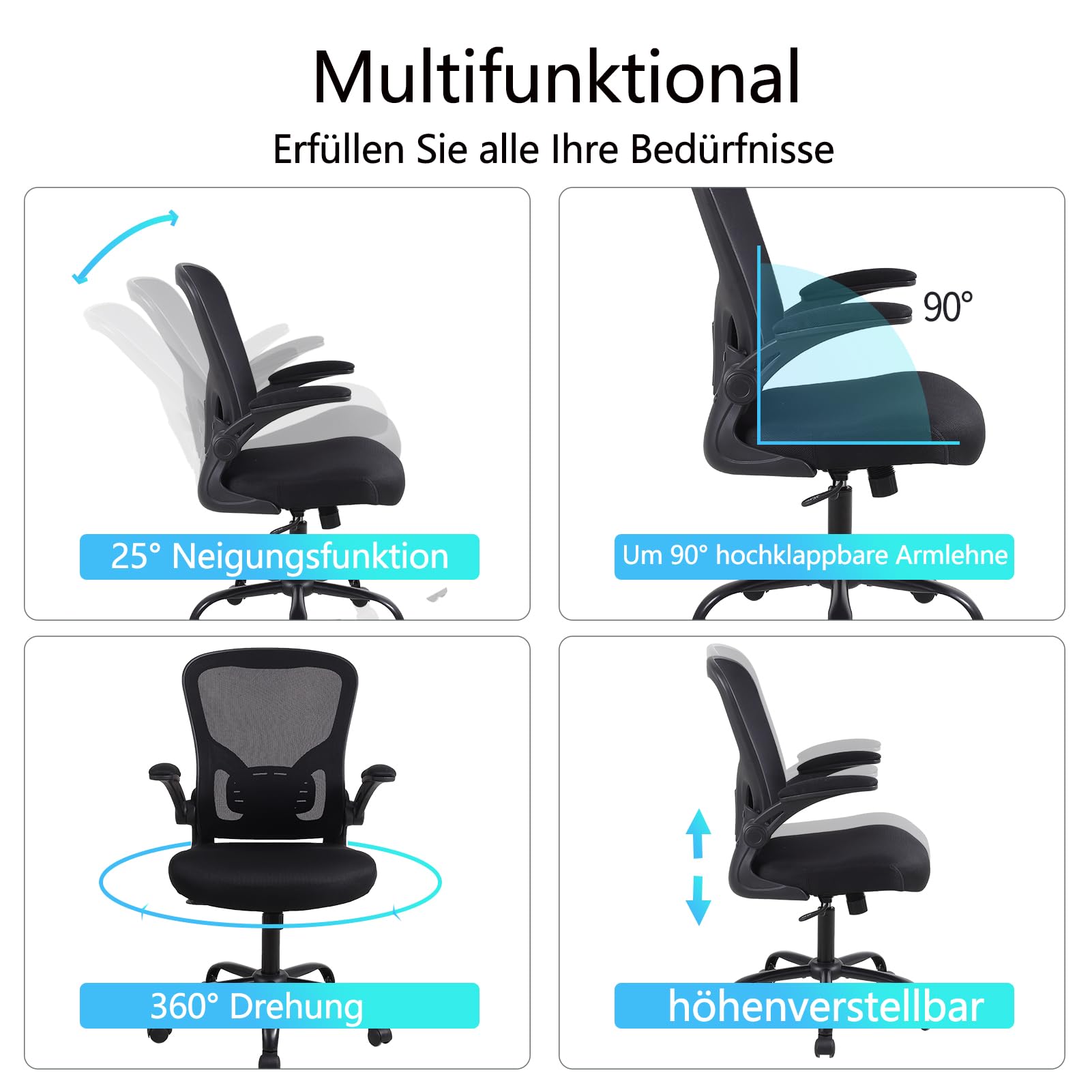 Youhauchair Bürostuhl, Bürostuhl Ergonomisch mit Hochklappbaren Armlehnen, Schreibtischstuhl mit Lendenwirbelstütze, Atmungsaktiver Office Chair, Schwarz