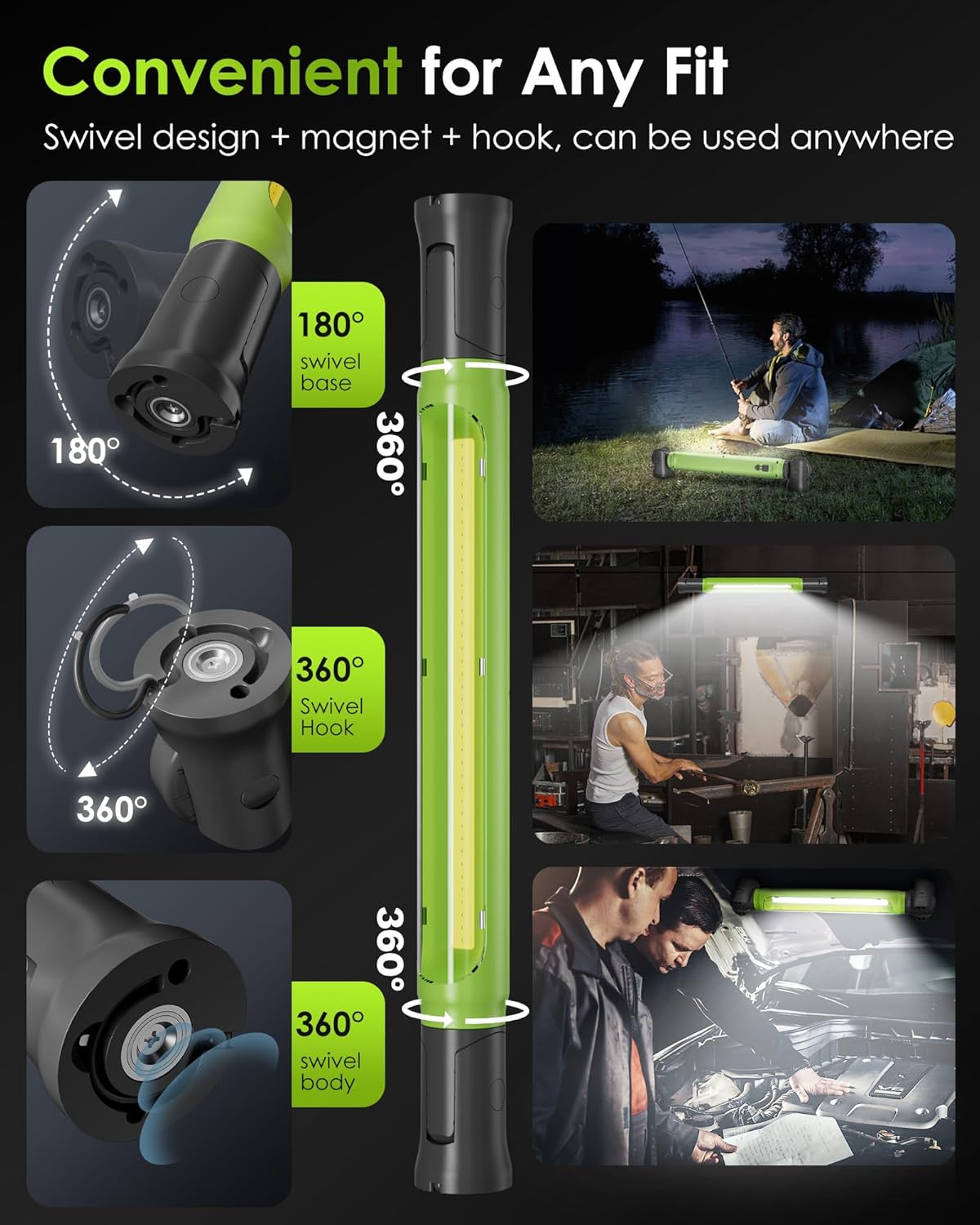 Work Light,3000LM LED Work Lights, Rechargeable Underhood Work Light with Hooks & Rotating Magnetic Base, Cordless Battery Powered Mechanic Light for Car Repairing Inspection Workshop Emergency