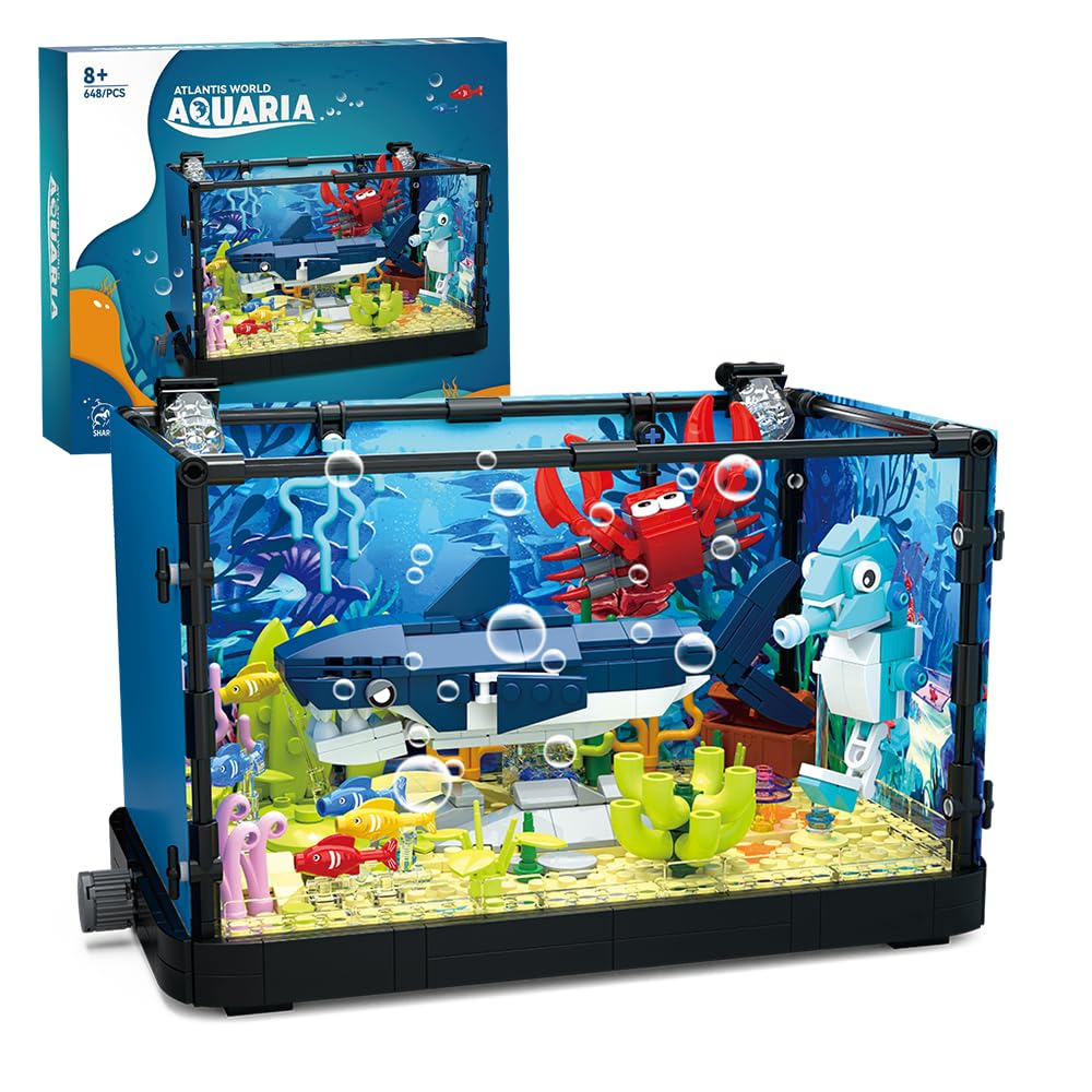 RiceBlock Fish Tank Building Block Set ，Aquarium，Marine Jellyfish, Christmas Toy Building Block Toy for Kids 6+, for Boys 8-12 (Shark)