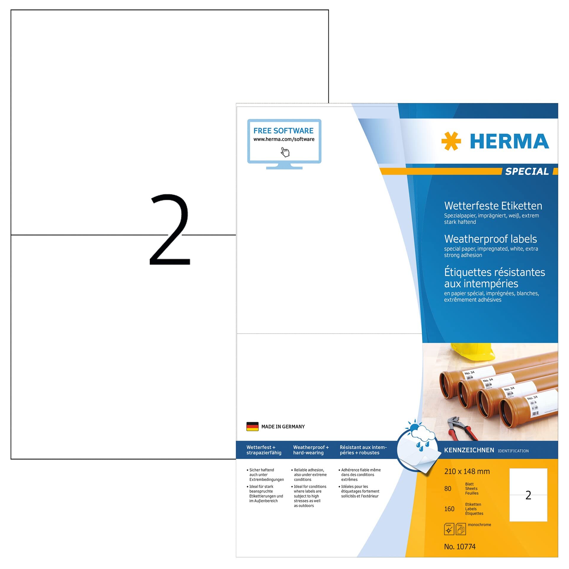 HERMA 10774 Etykiety na papier specjalny DIN A4 (210 x 148 mm, 80 arkuszy, papier impregnowany), samoprzylepne, do drukowania, etykiety zewnętrzne, 160 etykiet samoprzylepnych, kolor biały